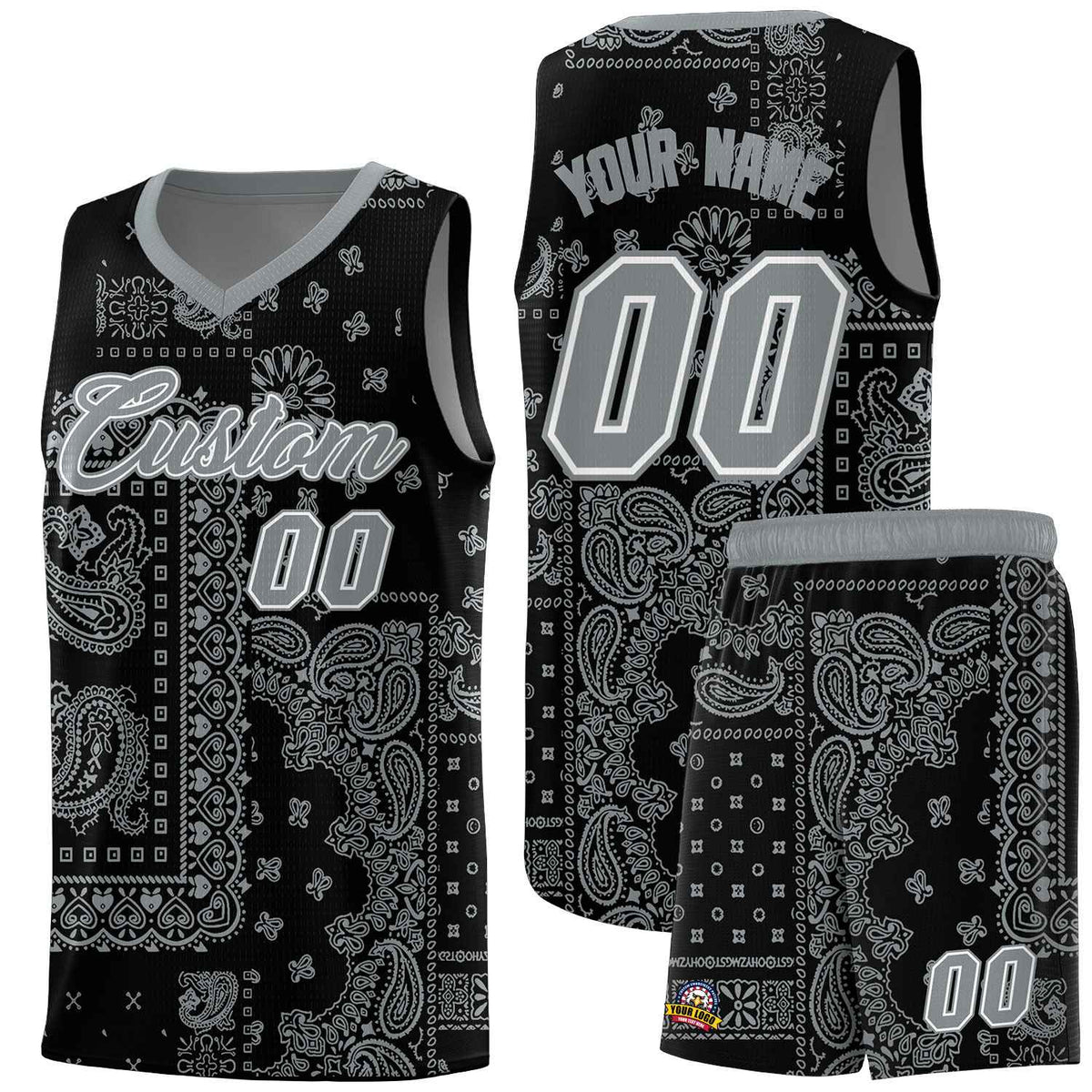Custom Black Basketball Kits With Silver Cashew Flower Print Pattern