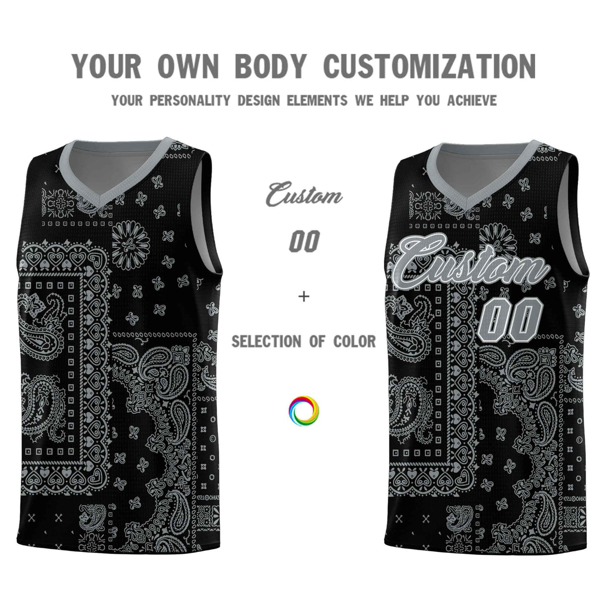 Custom Black Basketball Kits With Silver Cashew Flower Print Pattern