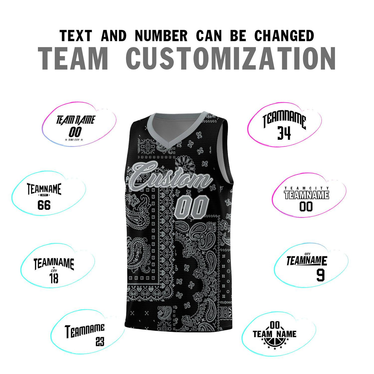 Custom Black Basketball Kits With Silver Cashew Flower Print Pattern
