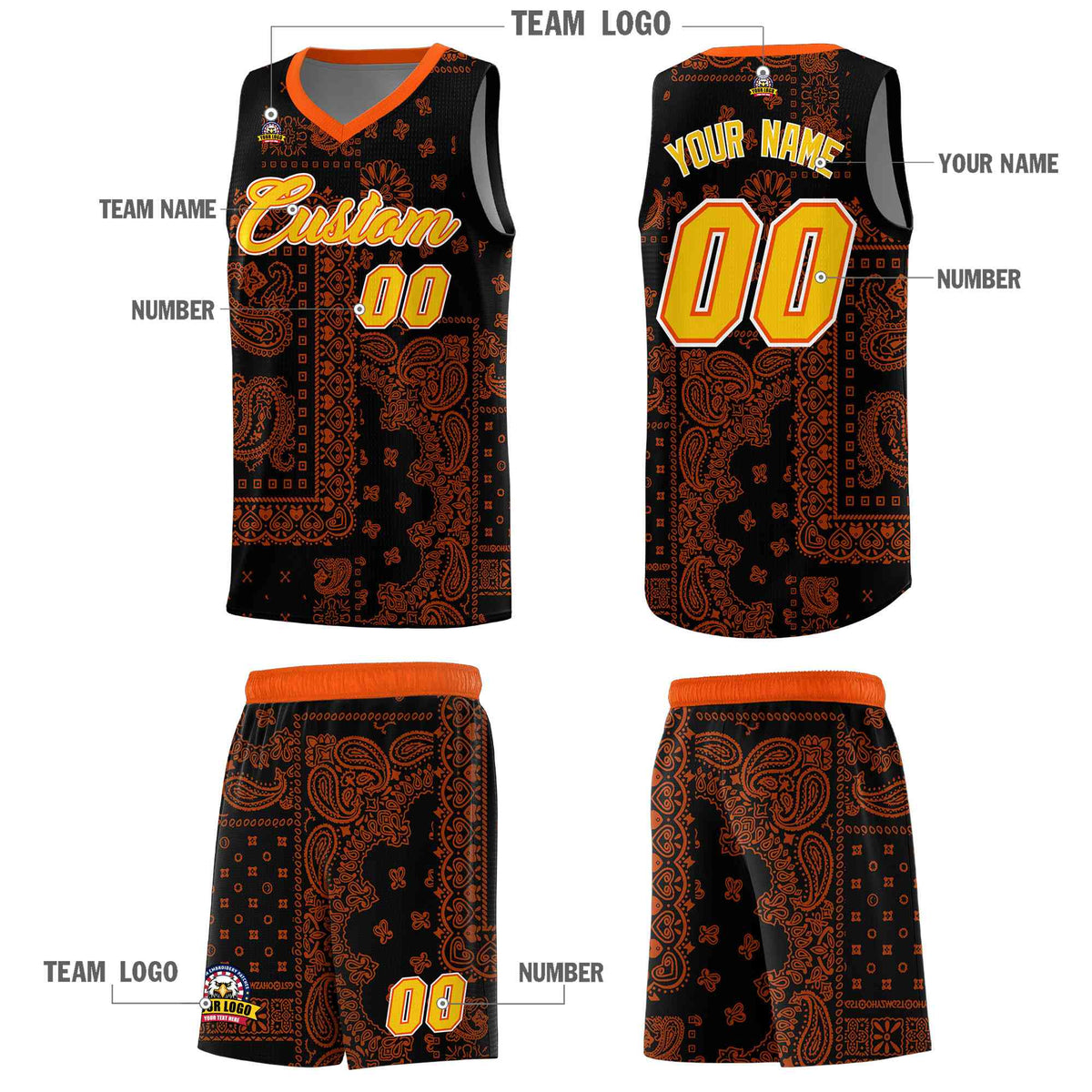 Custom Black Basketball Kits With Orange Cashew Flower Print Pattern