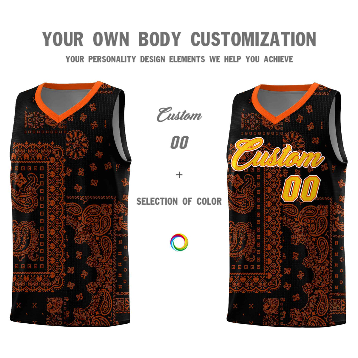 Custom Black Basketball Kits With Orange Cashew Flower Print Pattern