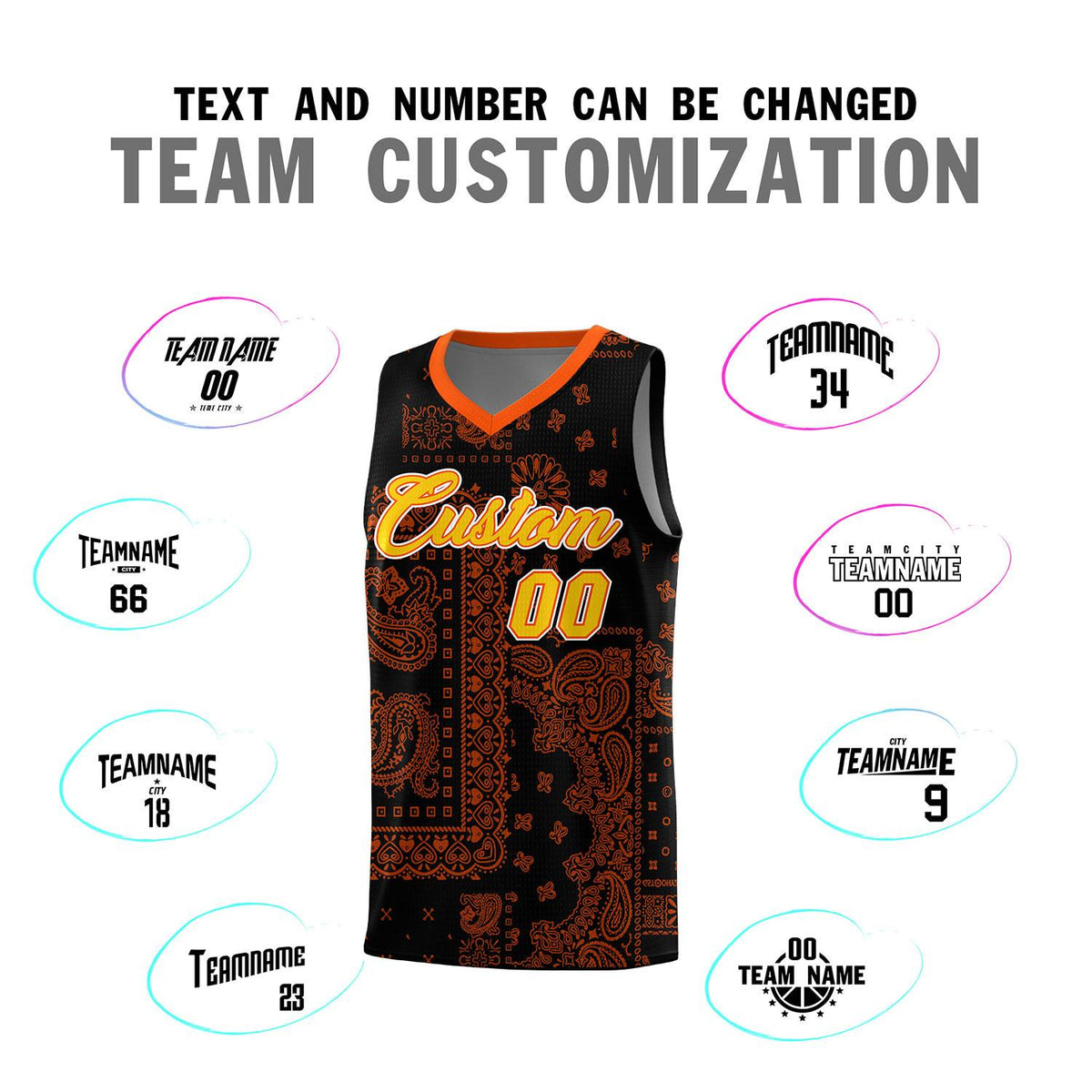 Custom Black Basketball Kits With Orange Cashew Flower Print Pattern