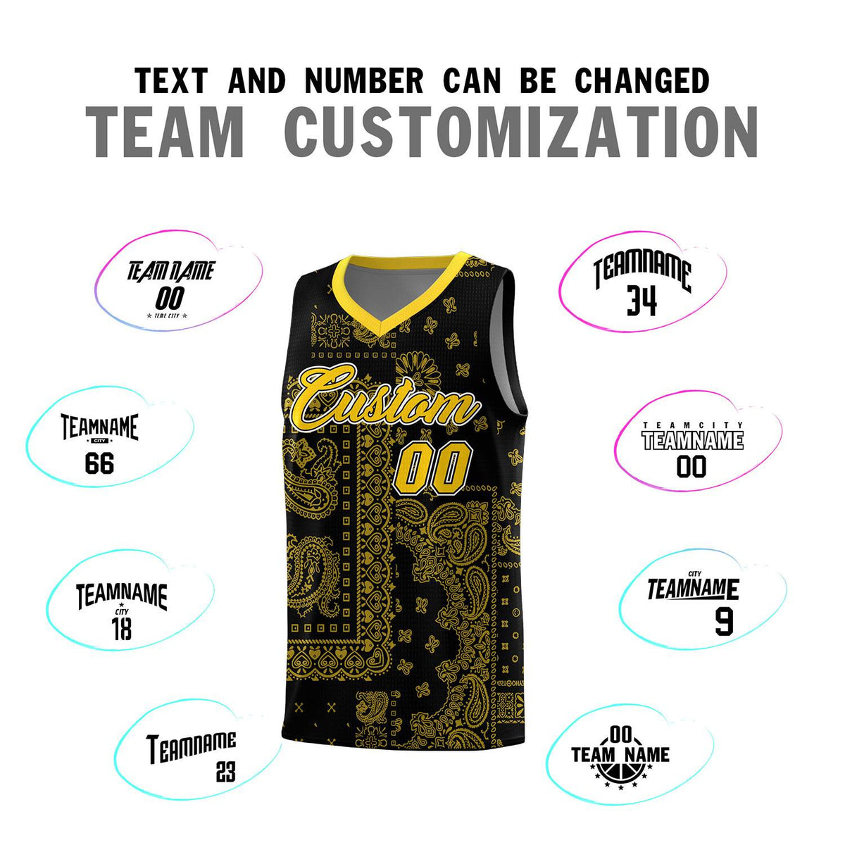 Custom Black Basketball Kits With Gold Cashew Flower Print Pattern