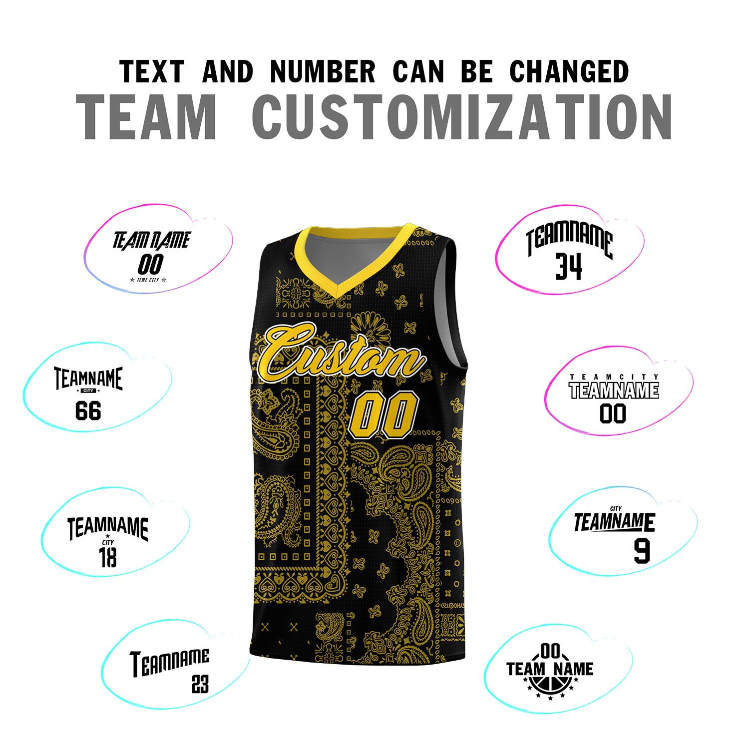 Custom Black Basketball Kits With Gold Cashew Flower Print Pattern
