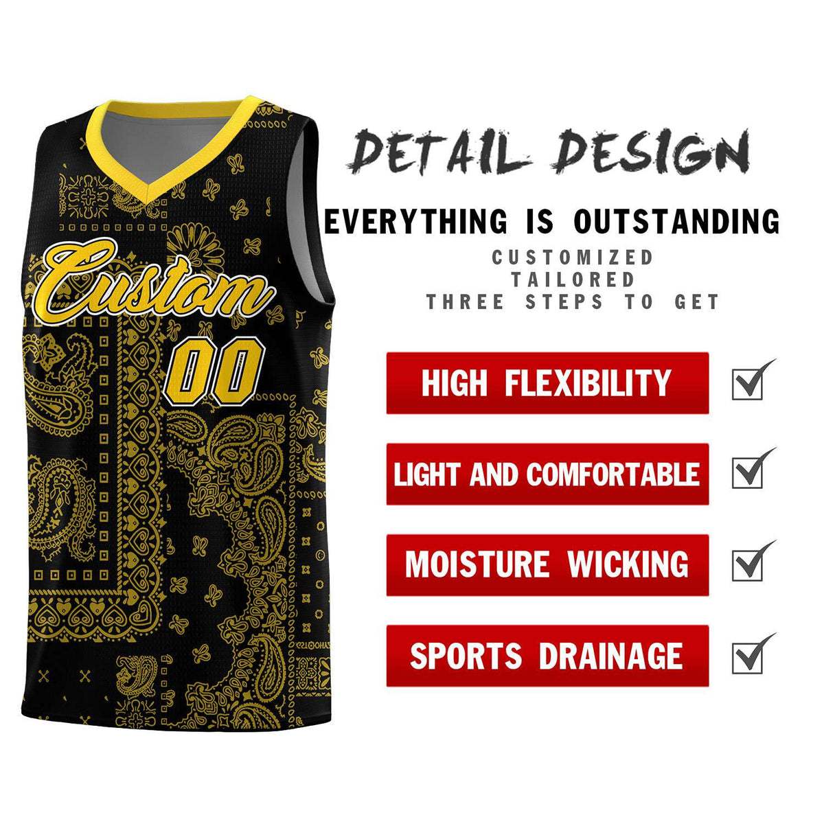 Custom Black Basketball Kits With Gold Cashew Flower Print Pattern