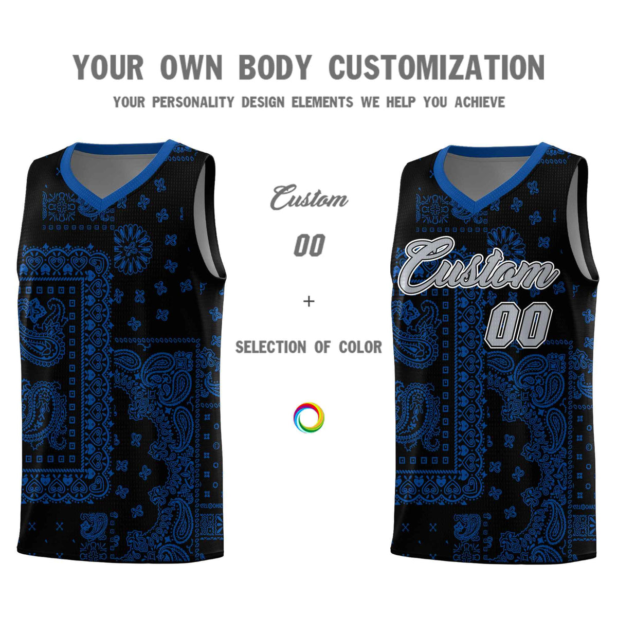 Custom Black Basketball Kits With Royal Cashew Flower Print Pattern