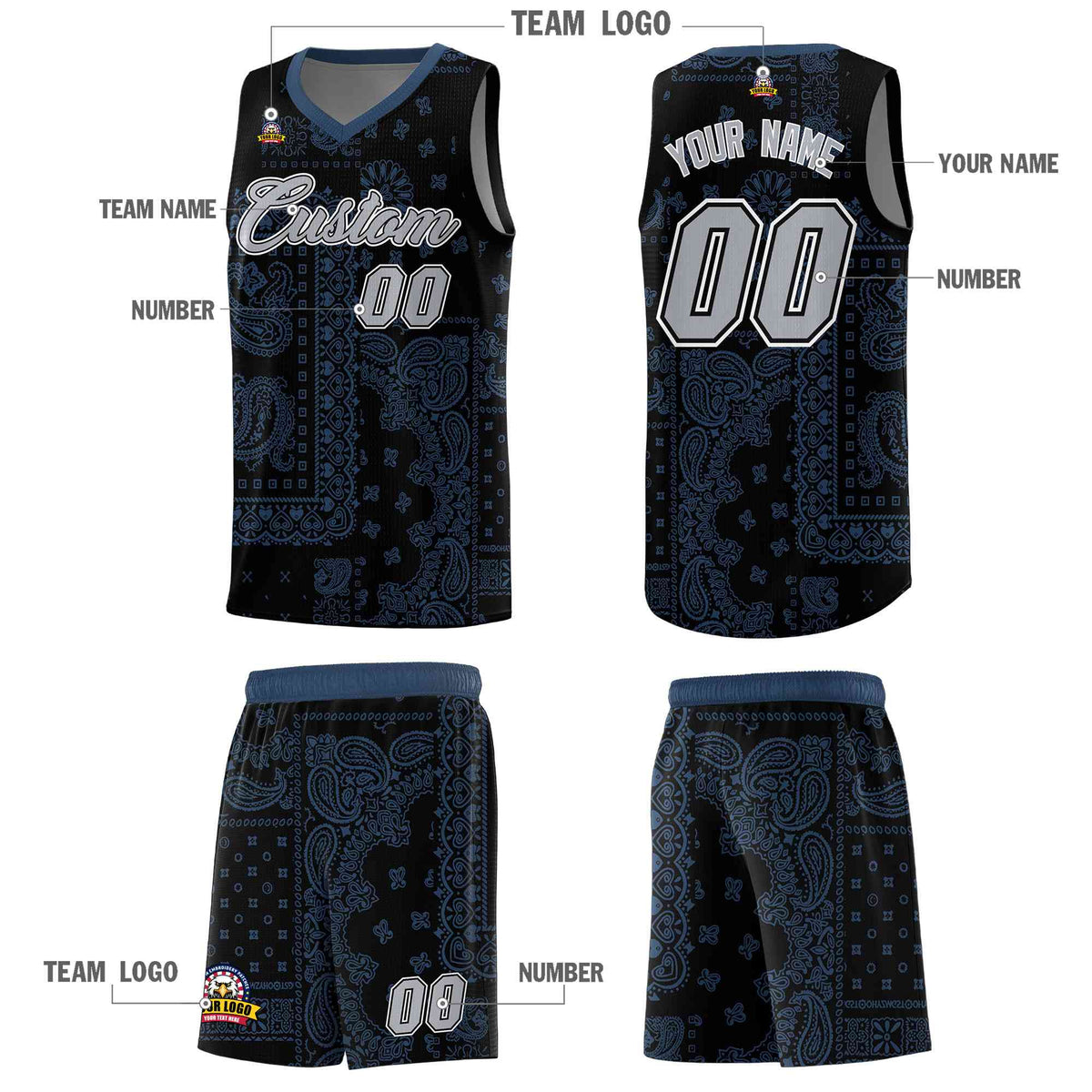 Custom Black Basketball Kits With Midnight Blue Cashew Flower Print Pattern