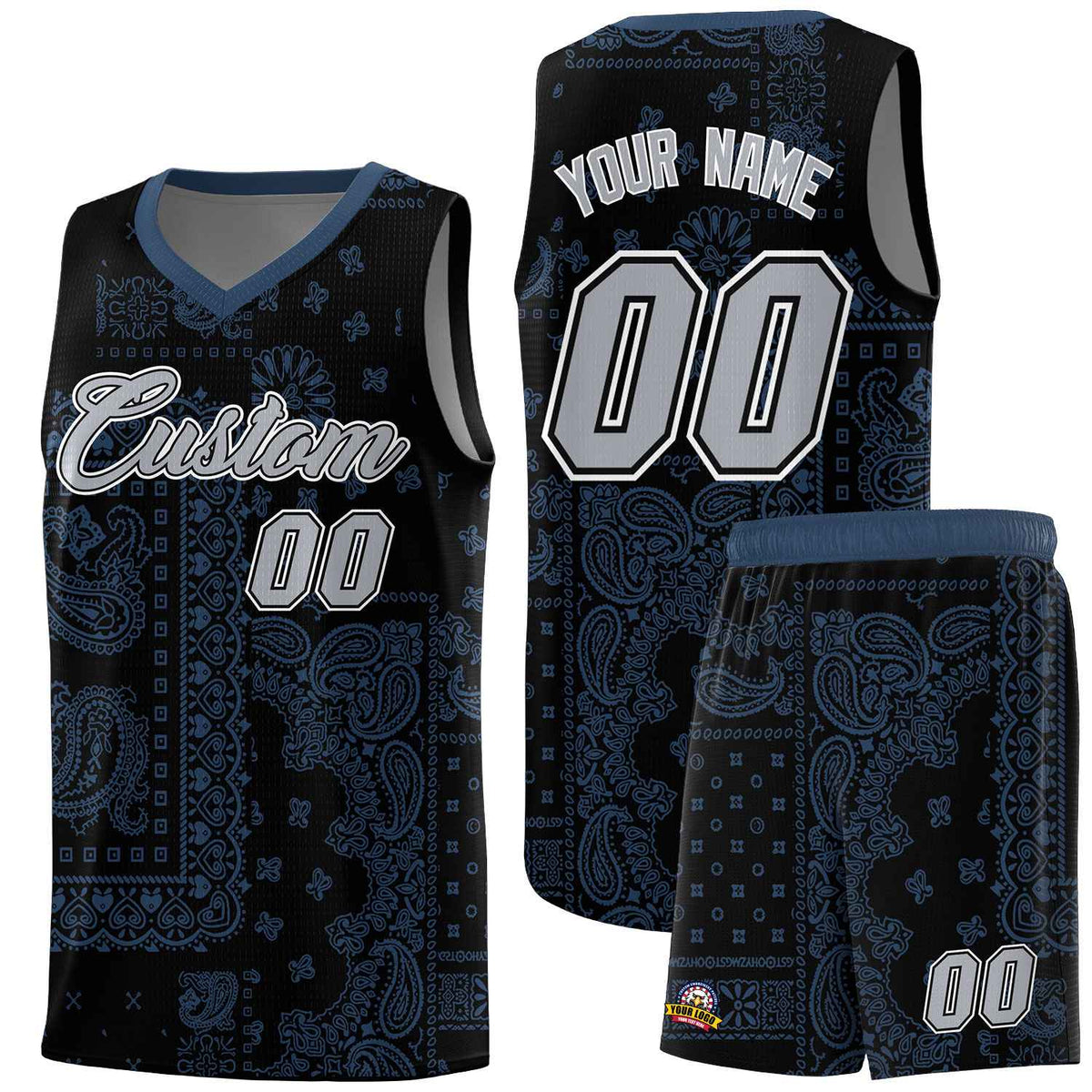 Custom Black Basketball Kits With Midnight Blue Cashew Flower Print Pattern