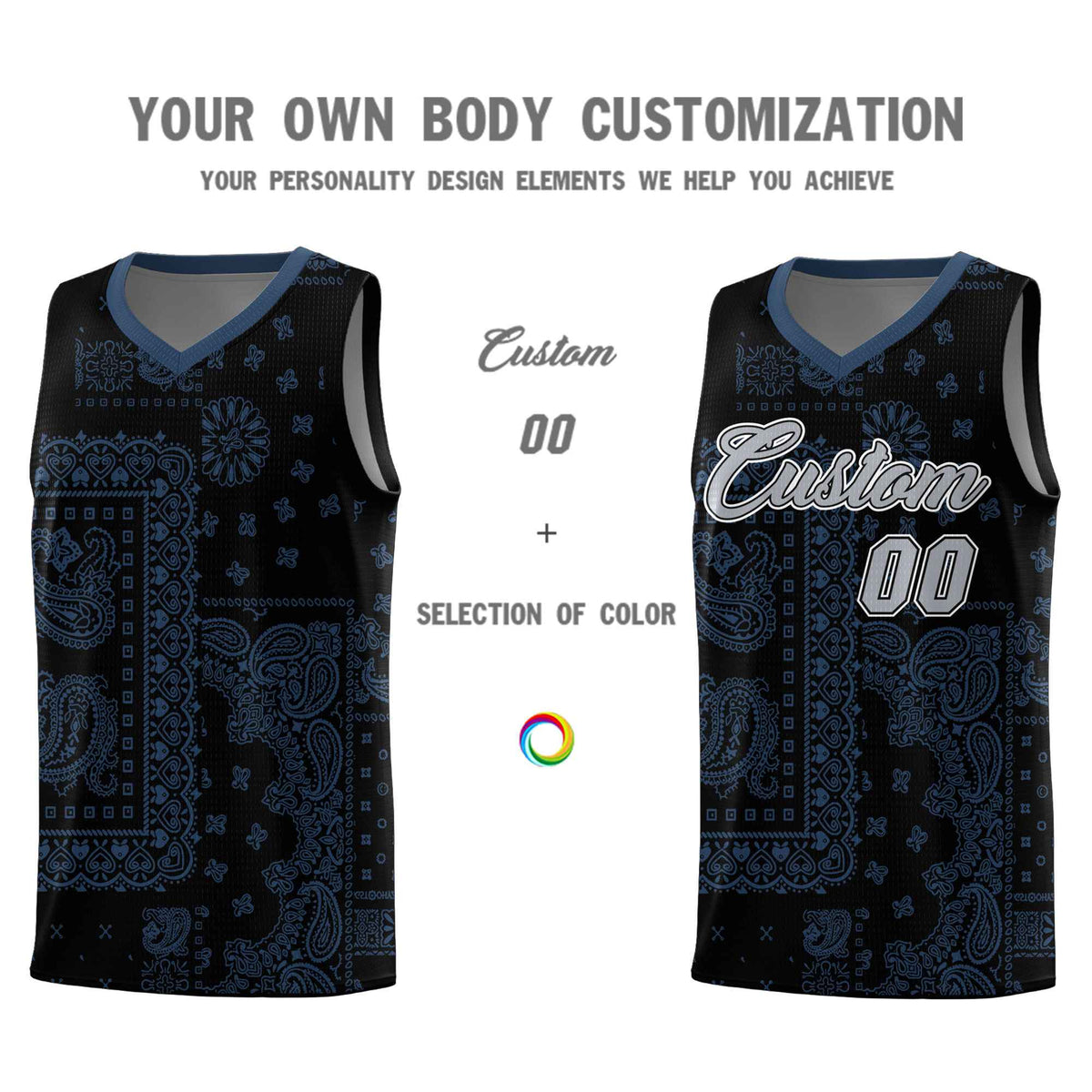 Custom Black Basketball Kits With Midnight Blue Cashew Flower Print Pattern