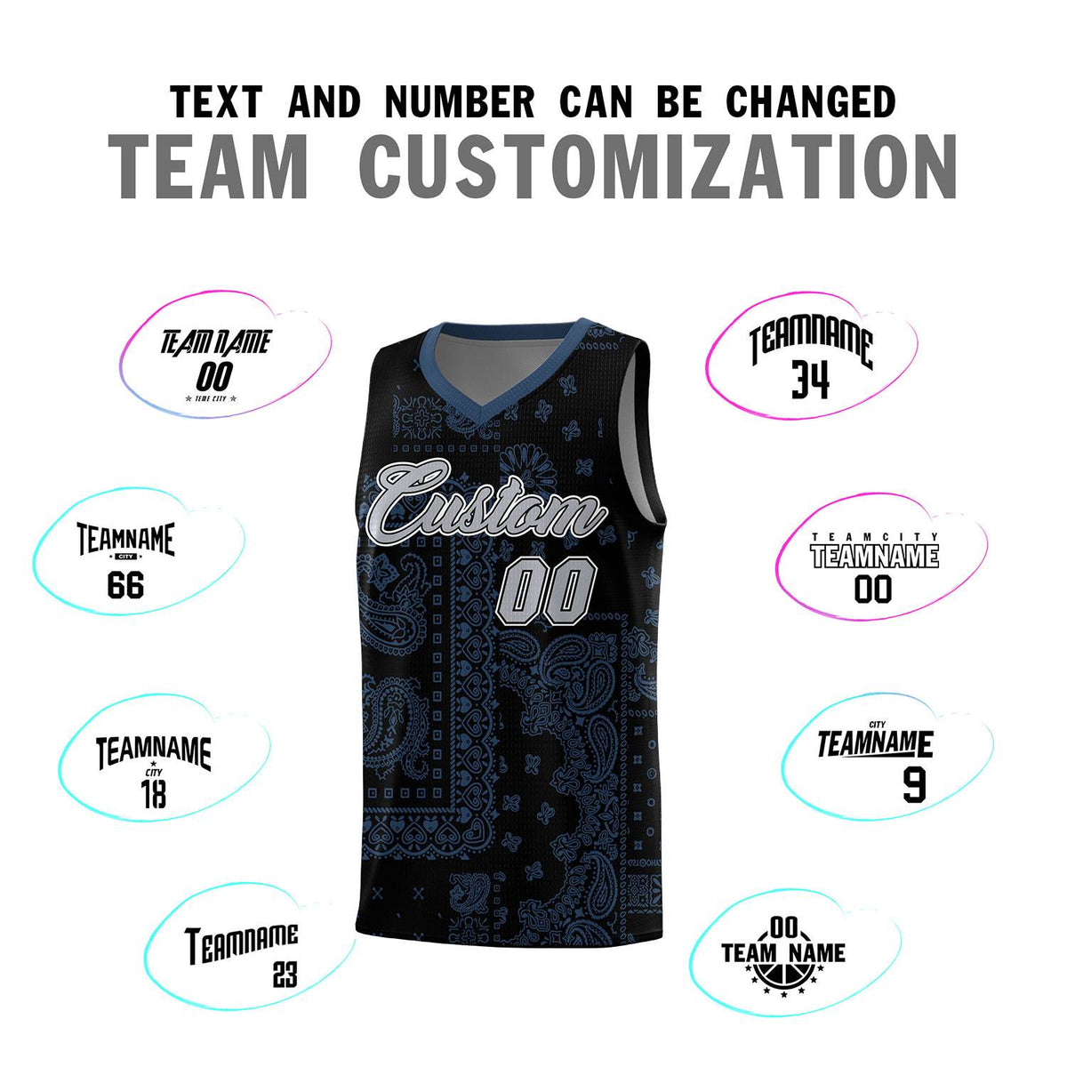 Custom Black Basketball Kits With Midnight Blue Cashew Flower Print Pattern