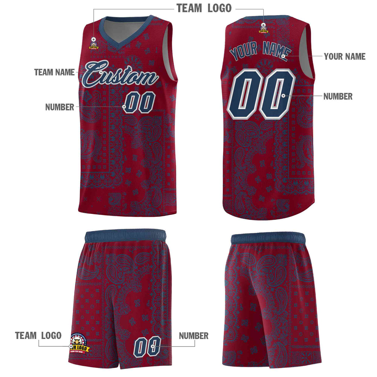 Custom Crimson Basketball Kits With Midnight Blue Cashew Flower Print Pattern