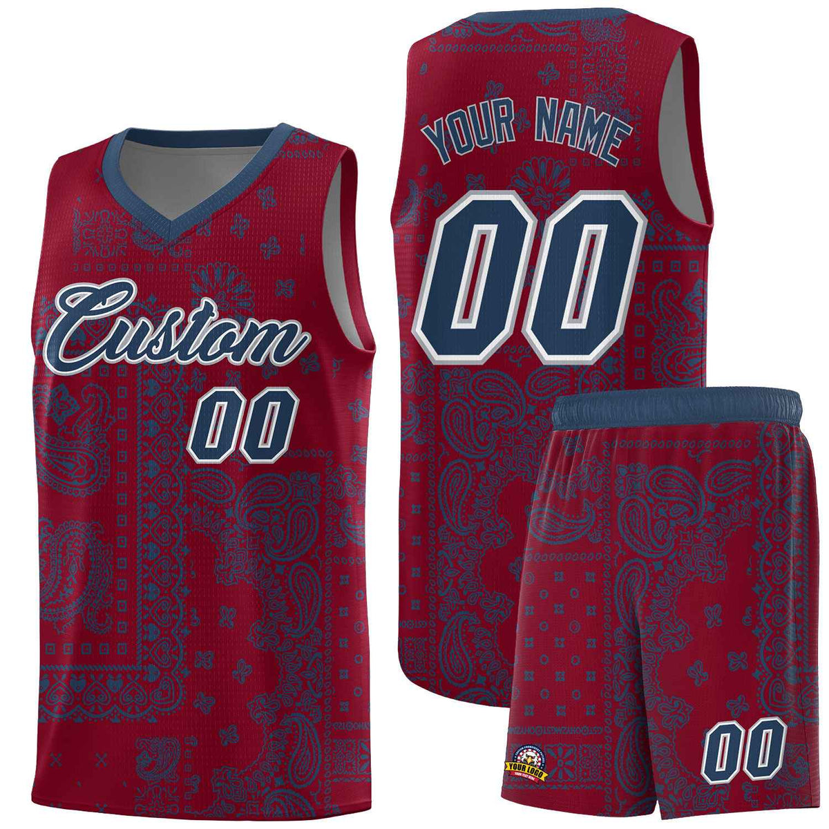 Custom Crimson Basketball Kits With Midnight Blue Cashew Flower Print Pattern