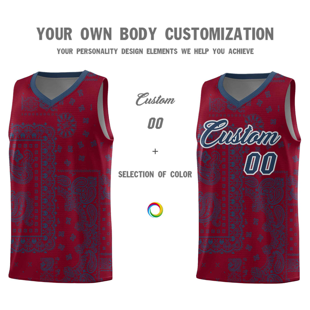 Custom Crimson Basketball Kits With Midnight Blue Cashew Flower Print Pattern