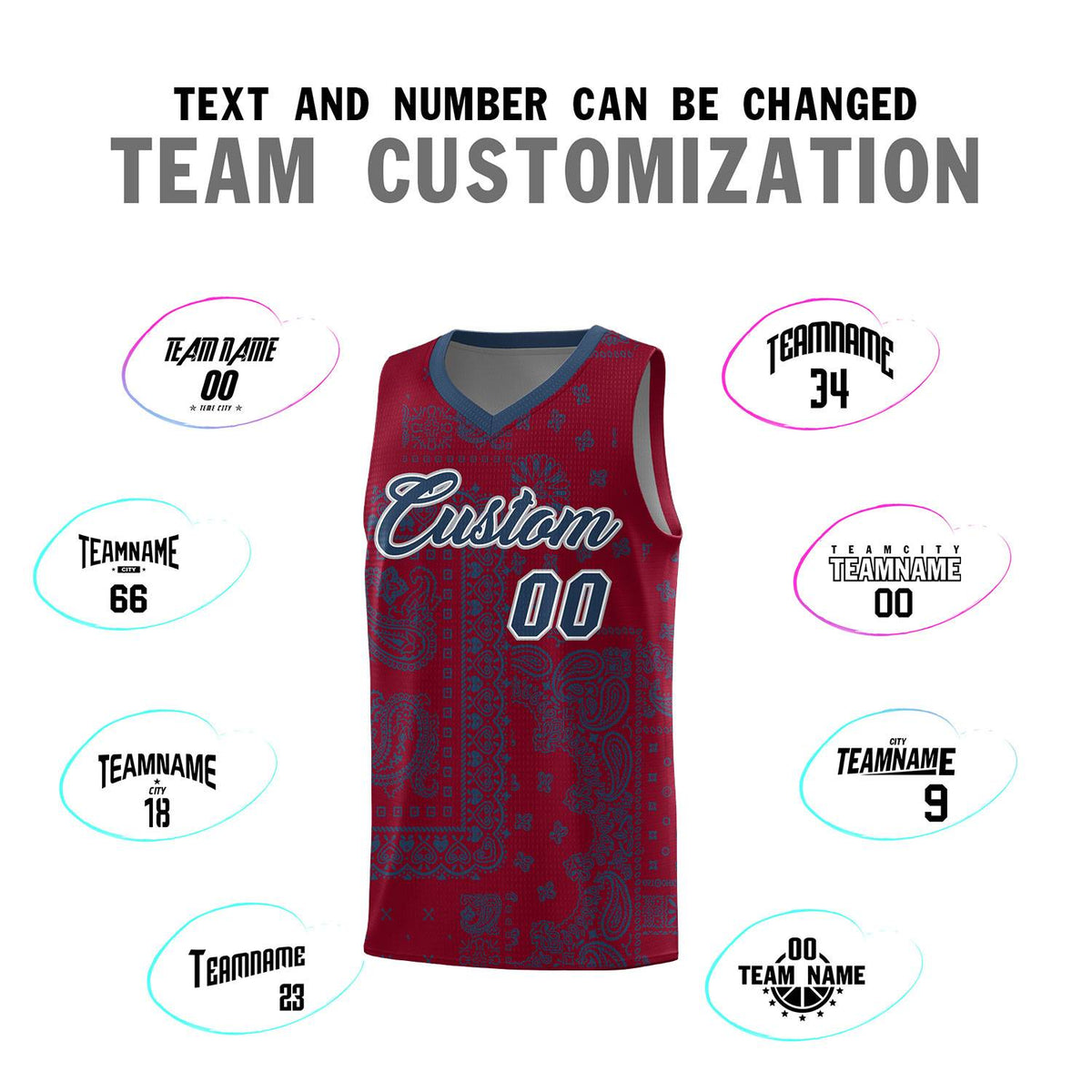 Custom Crimson Basketball Kits With Midnight Blue Cashew Flower Print Pattern