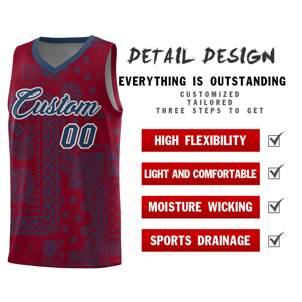 Custom Crimson Basketball Kits With Midnight Blue Cashew Flower Print Pattern