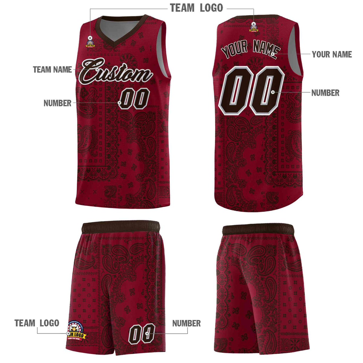 Custom Crimson Basketball Kits With Brown Cashew Flower Print Pattern