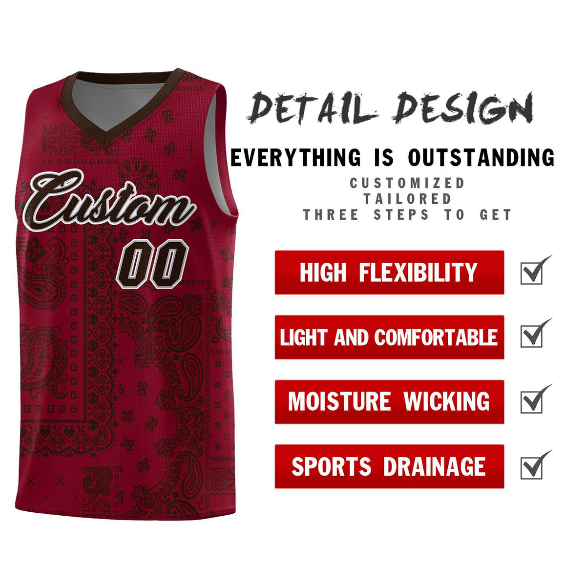 Custom Crimson Basketball Kits With Brown Cashew Flower Print Pattern