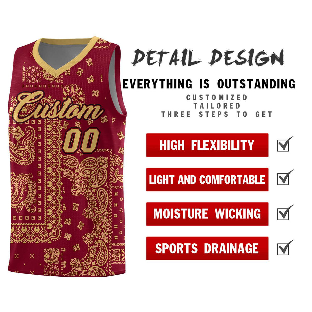 Custom Crimson Basketball Kits With Old Gold Cashew Flower Print Pattern
