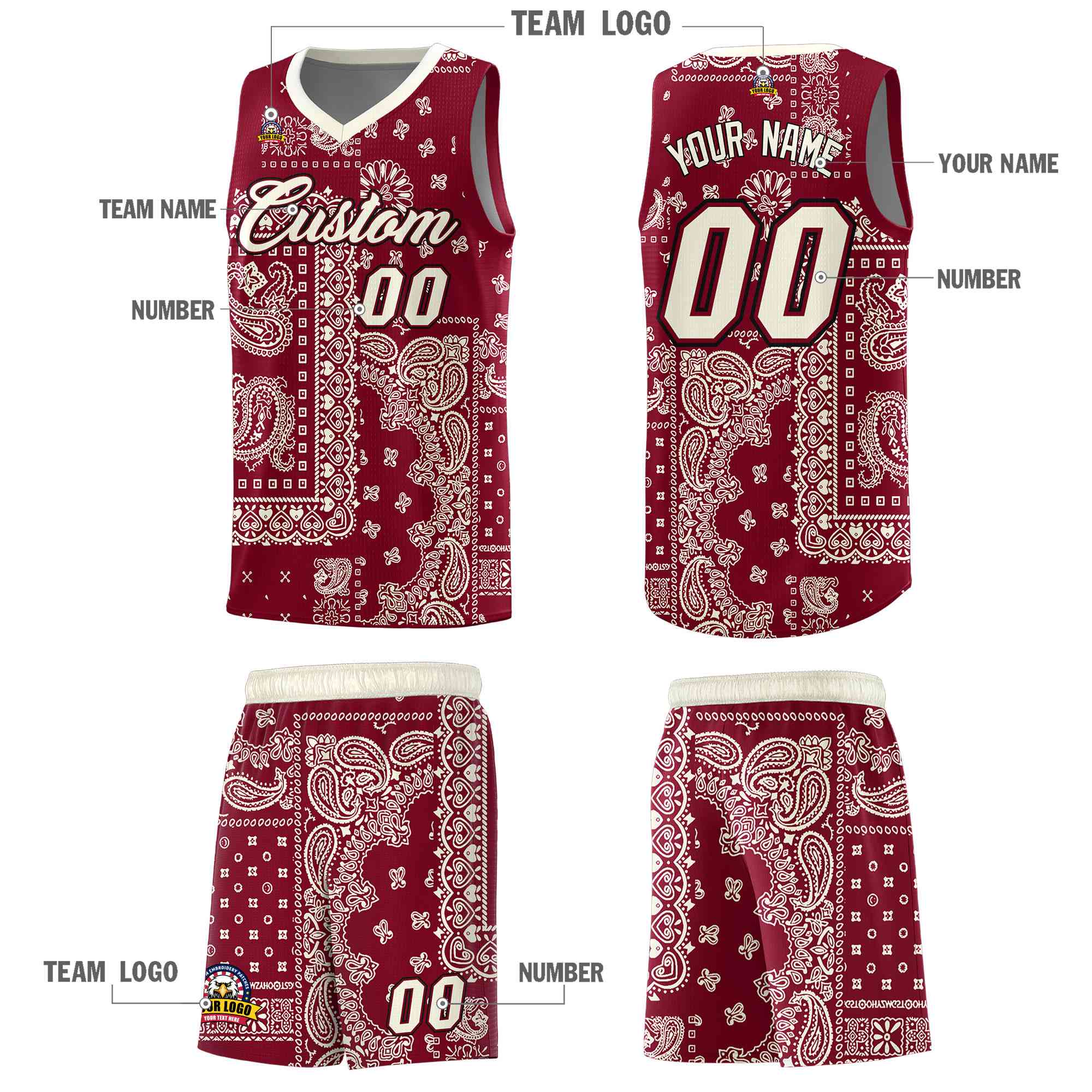 Custom Crimson Basketball Kits With Cream Cashew Flower Print Pattern