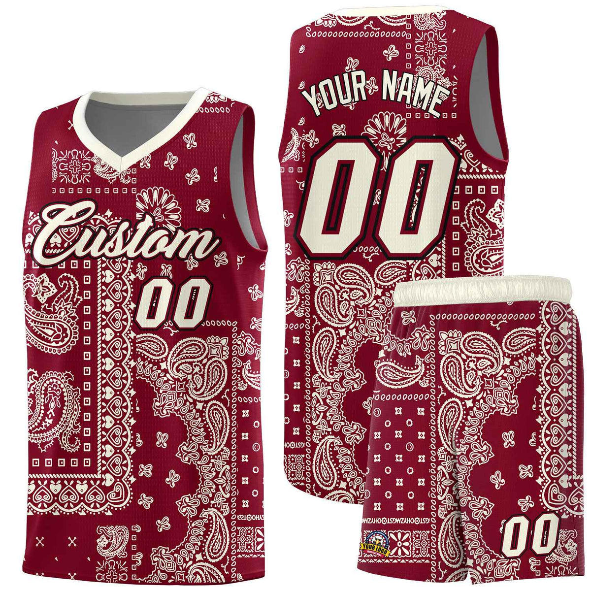 Custom Crimson Basketball Kits With Cream Cashew Flower Print Pattern