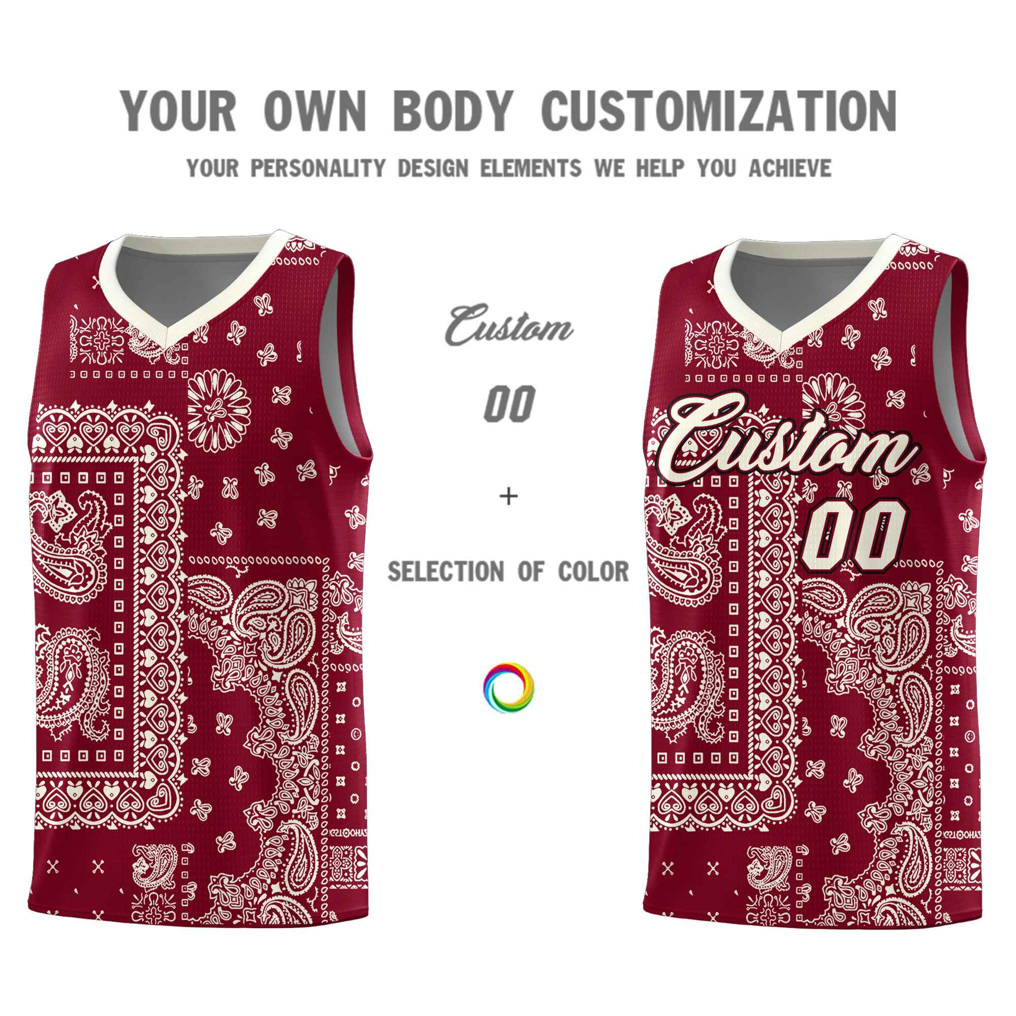 Custom Crimson Basketball Kits With Cream Cashew Flower Print Pattern