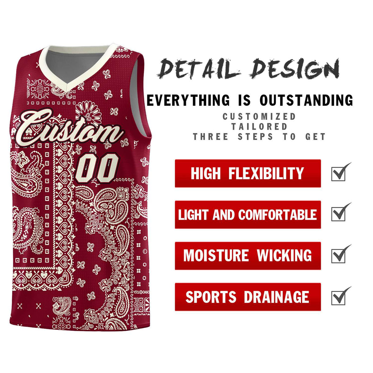 Custom Crimson Basketball Kits With Cream Cashew Flower Print Pattern