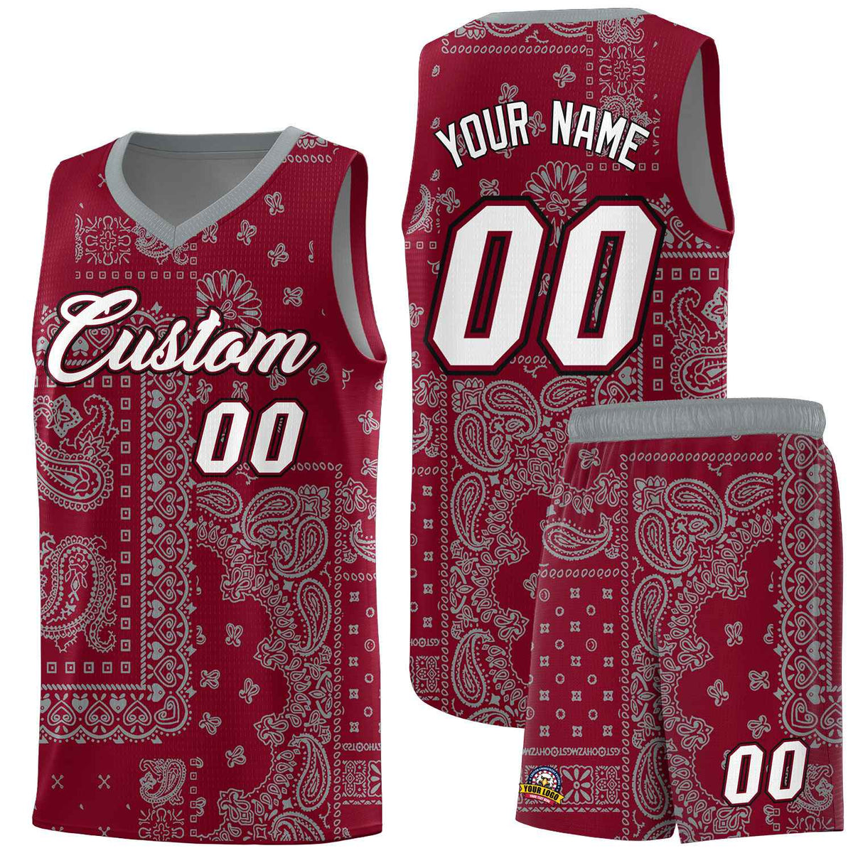 Custom Crimson Basketball Kits With Gray Cashew Flower Print Pattern