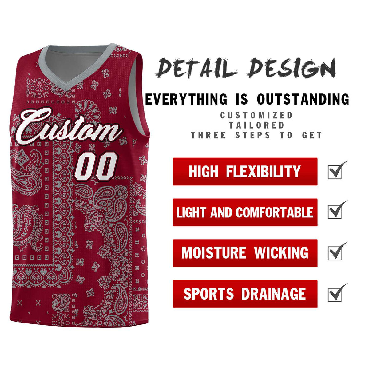 Custom Crimson Basketball Kits With Gray Cashew Flower Print Pattern