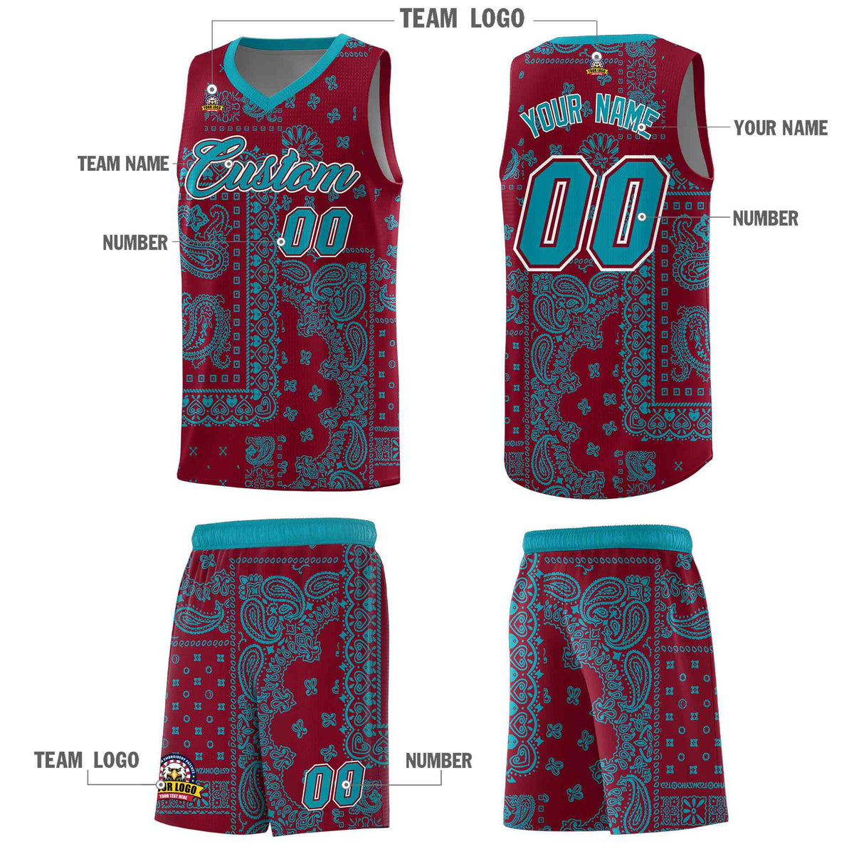 Custom Crimson Basketball Kits With Aqua Cashew Flower Print Pattern