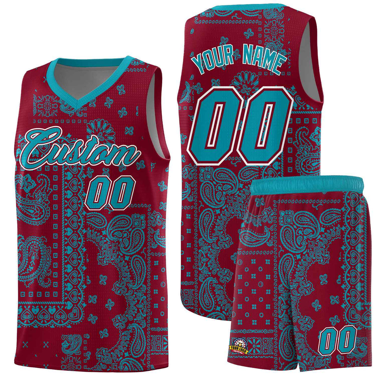 Custom Crimson Basketball Kits With Aqua Cashew Flower Print Pattern