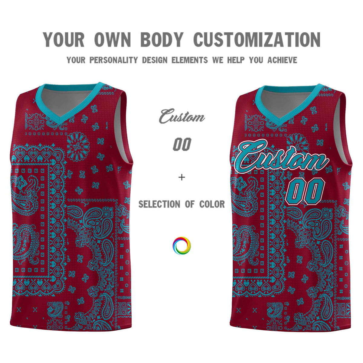 Custom Crimson Basketball Kits With Aqua Cashew Flower Print Pattern