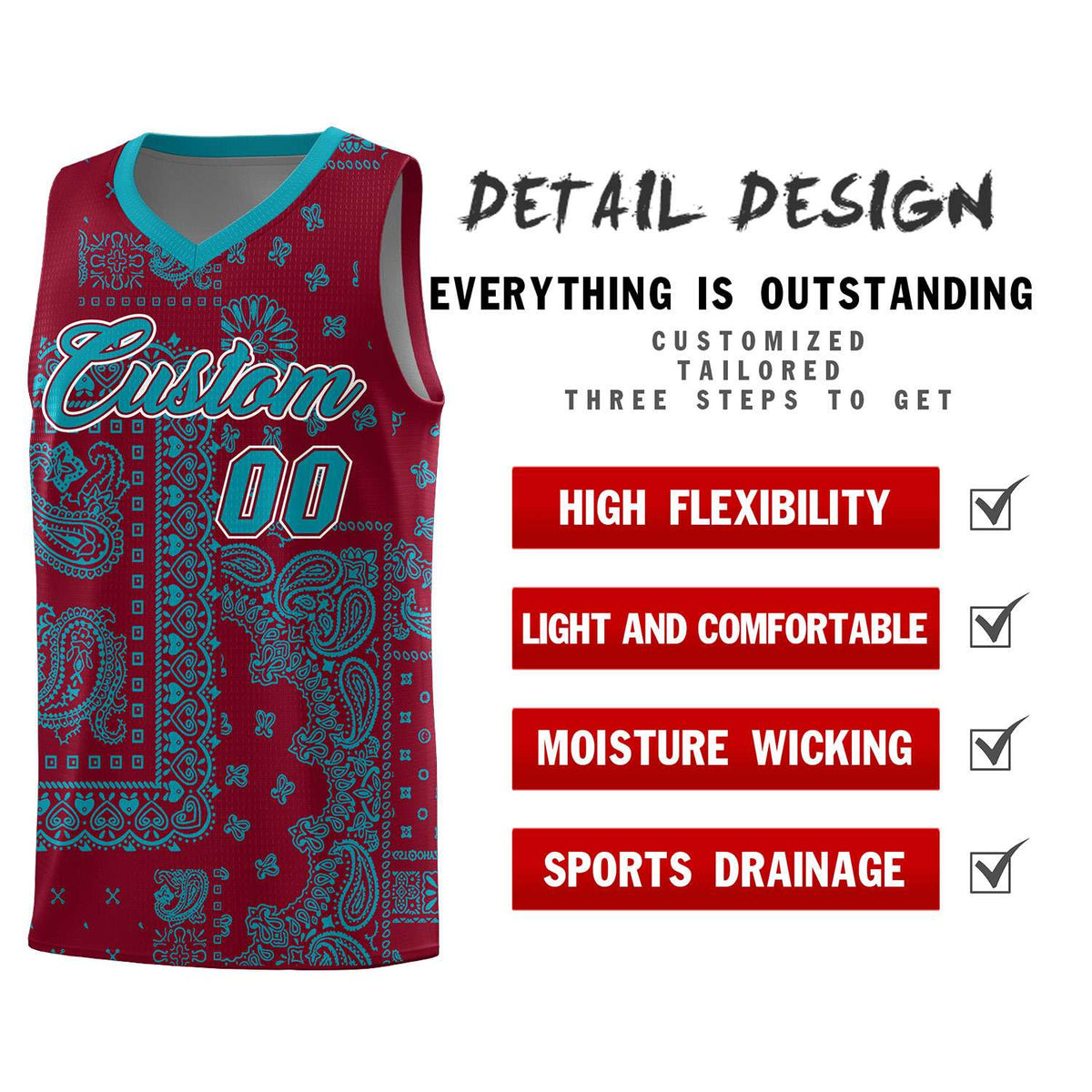 Custom Crimson Basketball Kits With Aqua Cashew Flower Print Pattern