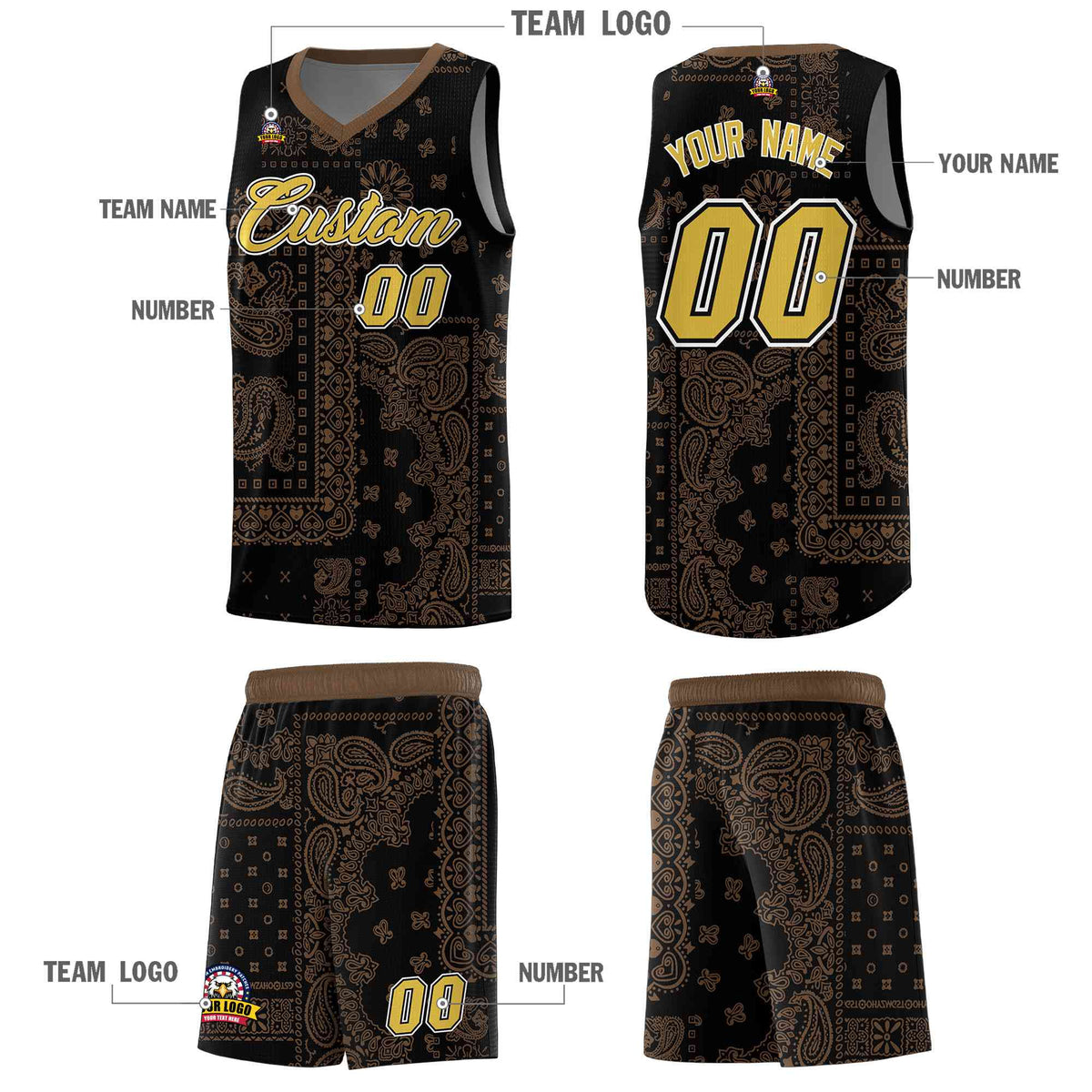 Custom Black Basketball Kits With Light Brown Cashew Flower Print Pattern