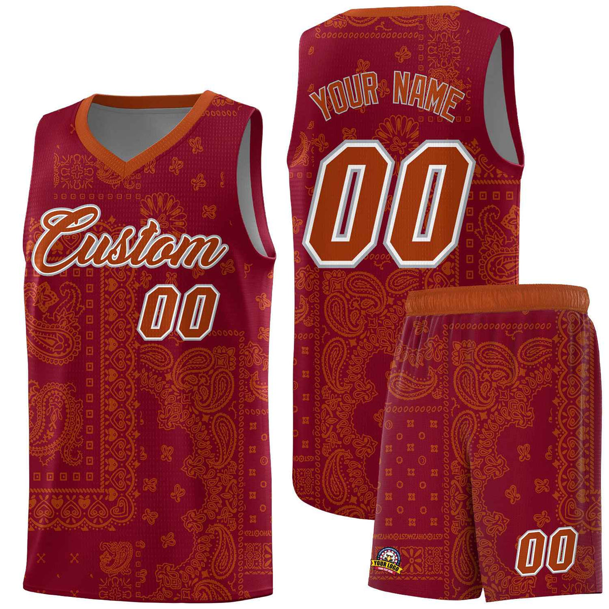 Custom Crimson Basketball Kits With Texas Orange Cashew Flower Print Pattern