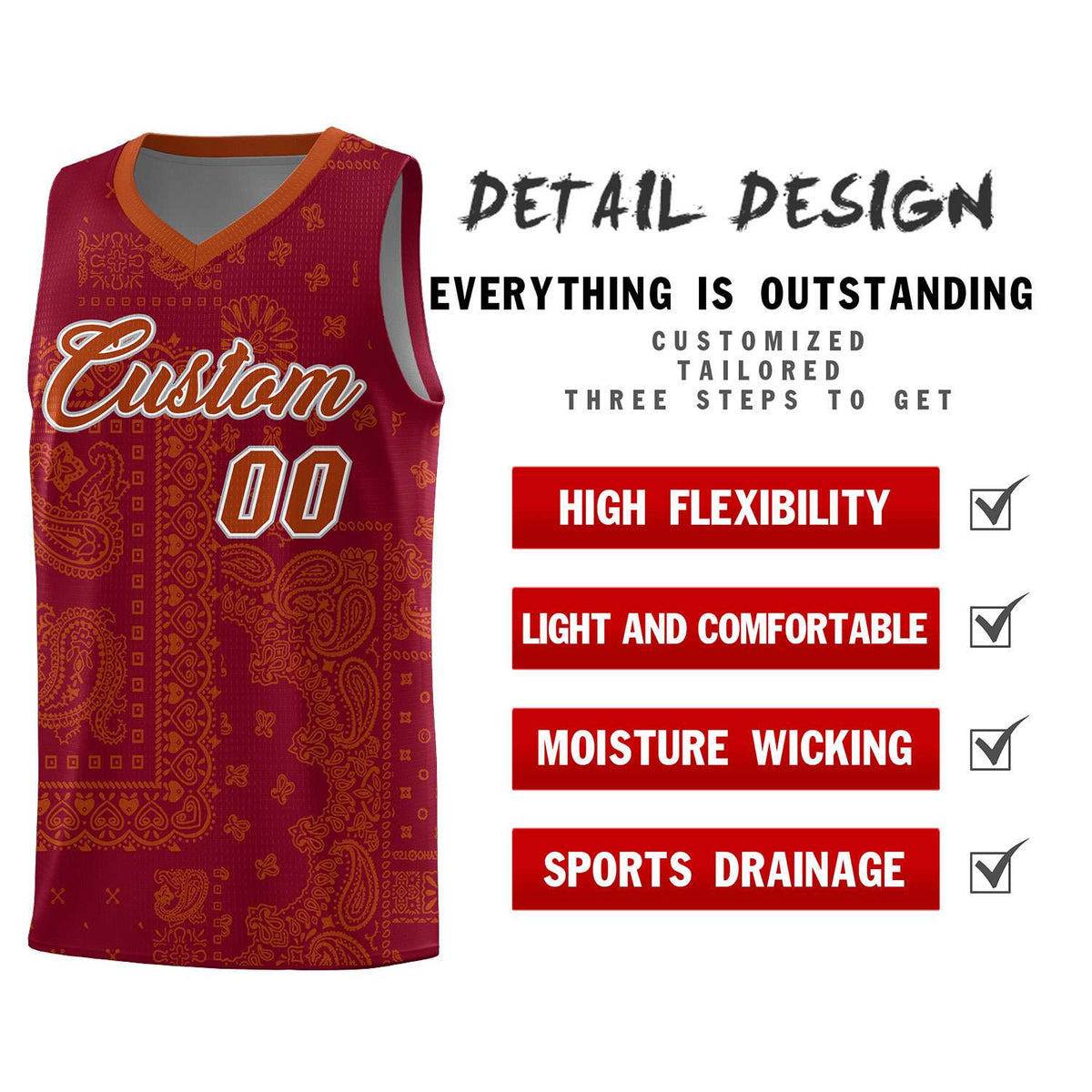 Custom Crimson Basketball Kits With Texas Orange Cashew Flower Print Pattern