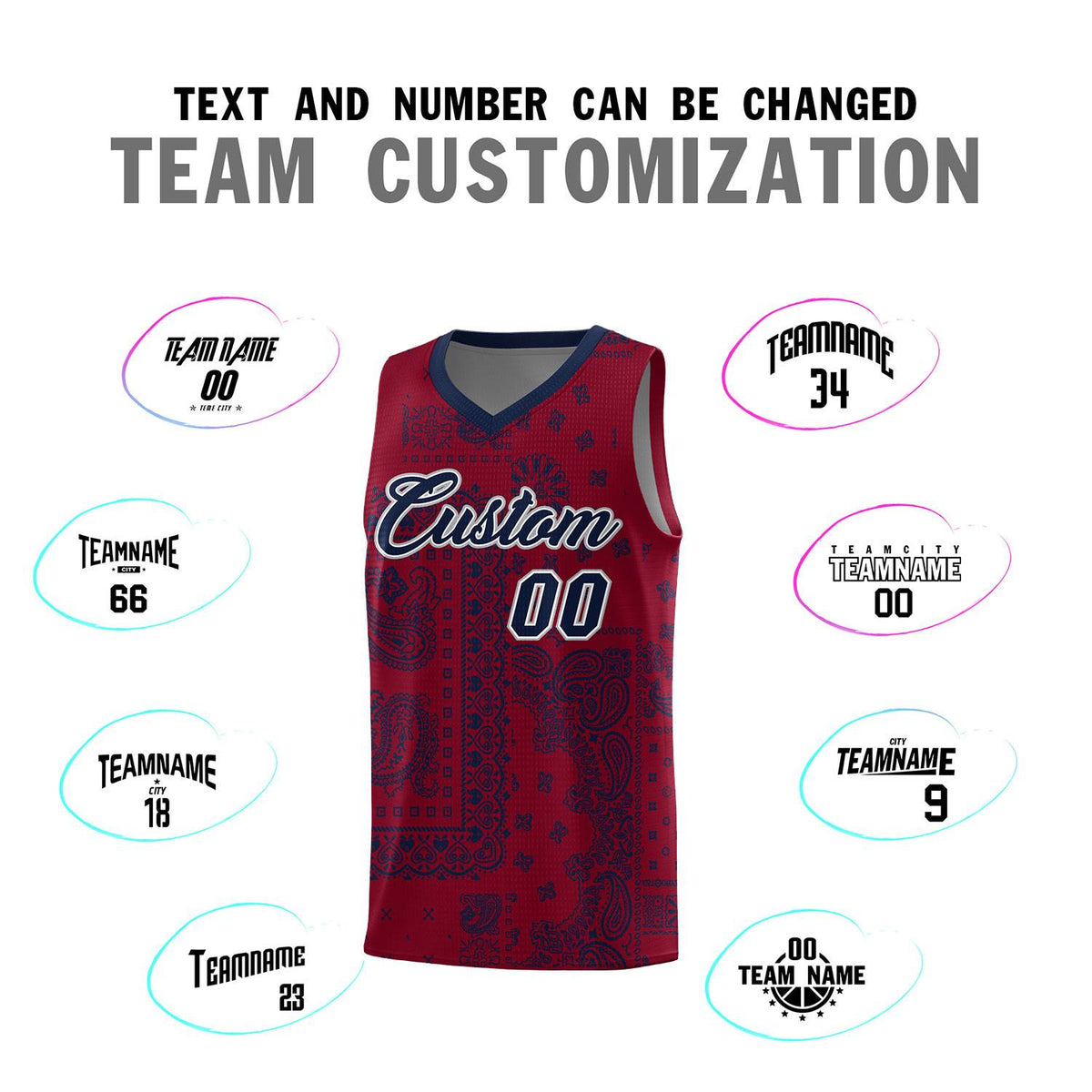 Custom Crimson Basketball Kits With Navy Cashew Flower Print Pattern