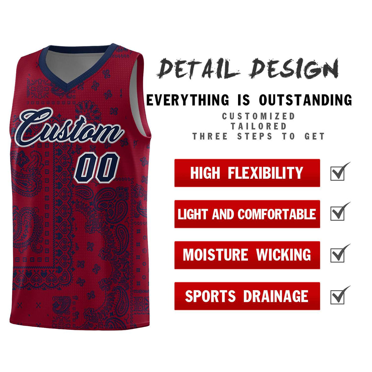 Custom Crimson Basketball Kits With Navy Cashew Flower Print Pattern