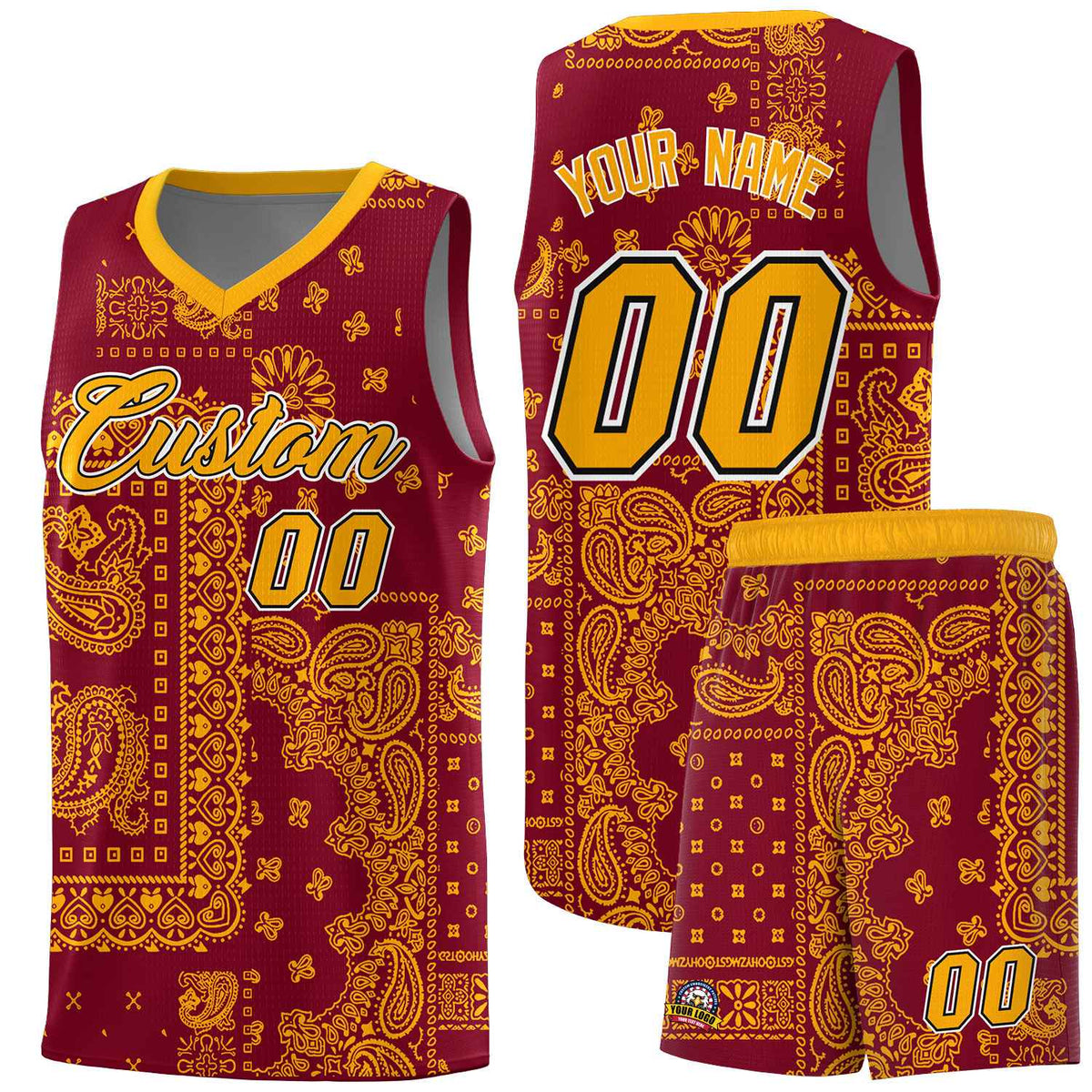 Custom Crimson Basketball Kits With Royal Cashew Flower Print Pattern