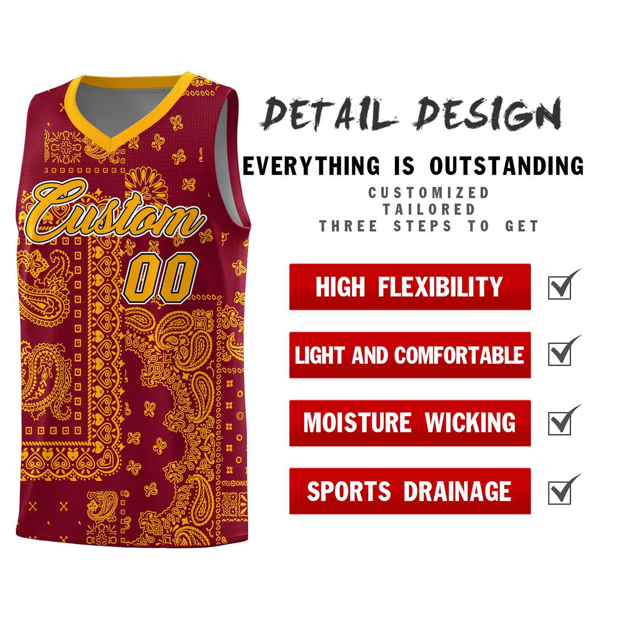 Custom Crimson Basketball Kits With Royal Cashew Flower Print Pattern