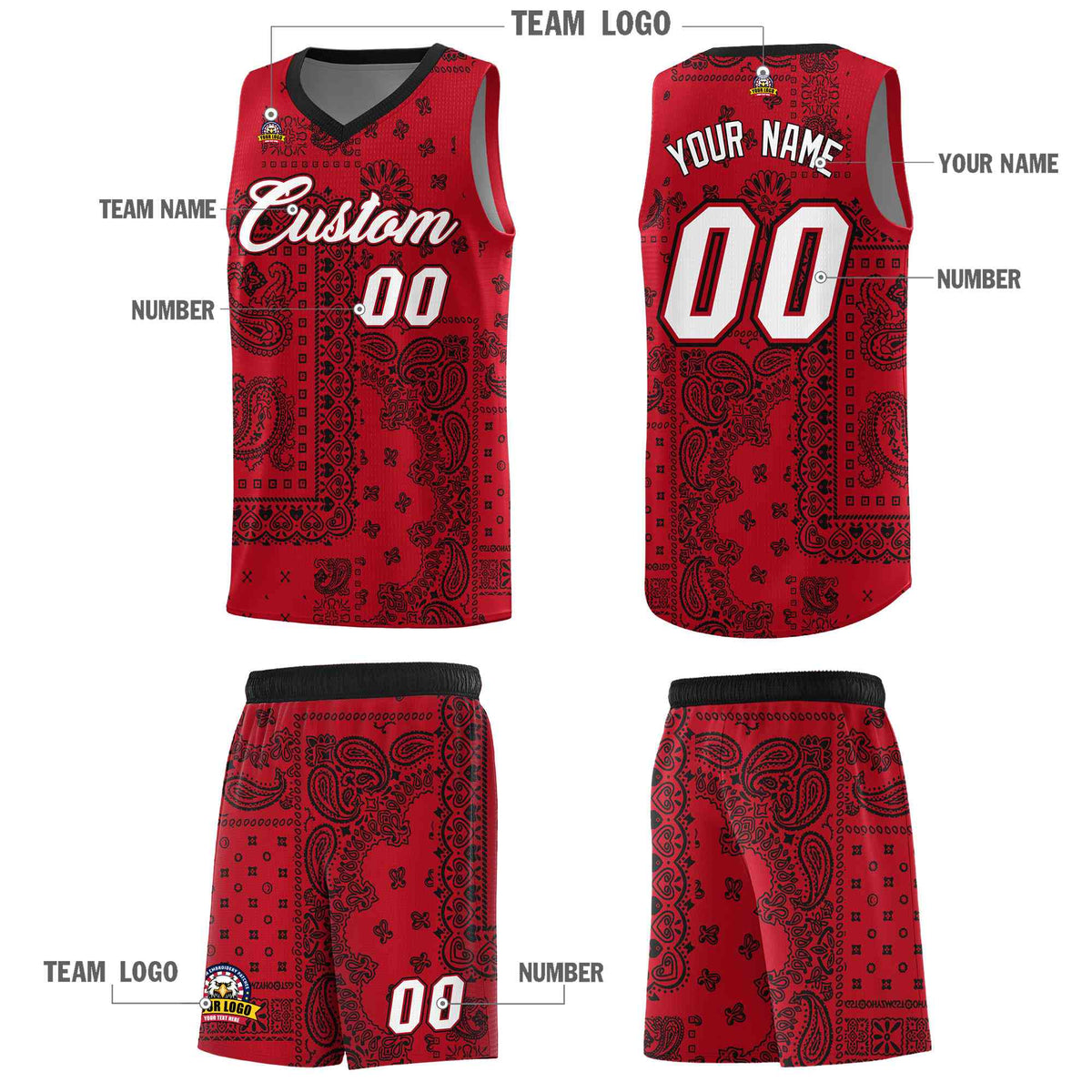 Custom Red Basketball Kits With Black Cashew Flower Print Pattern