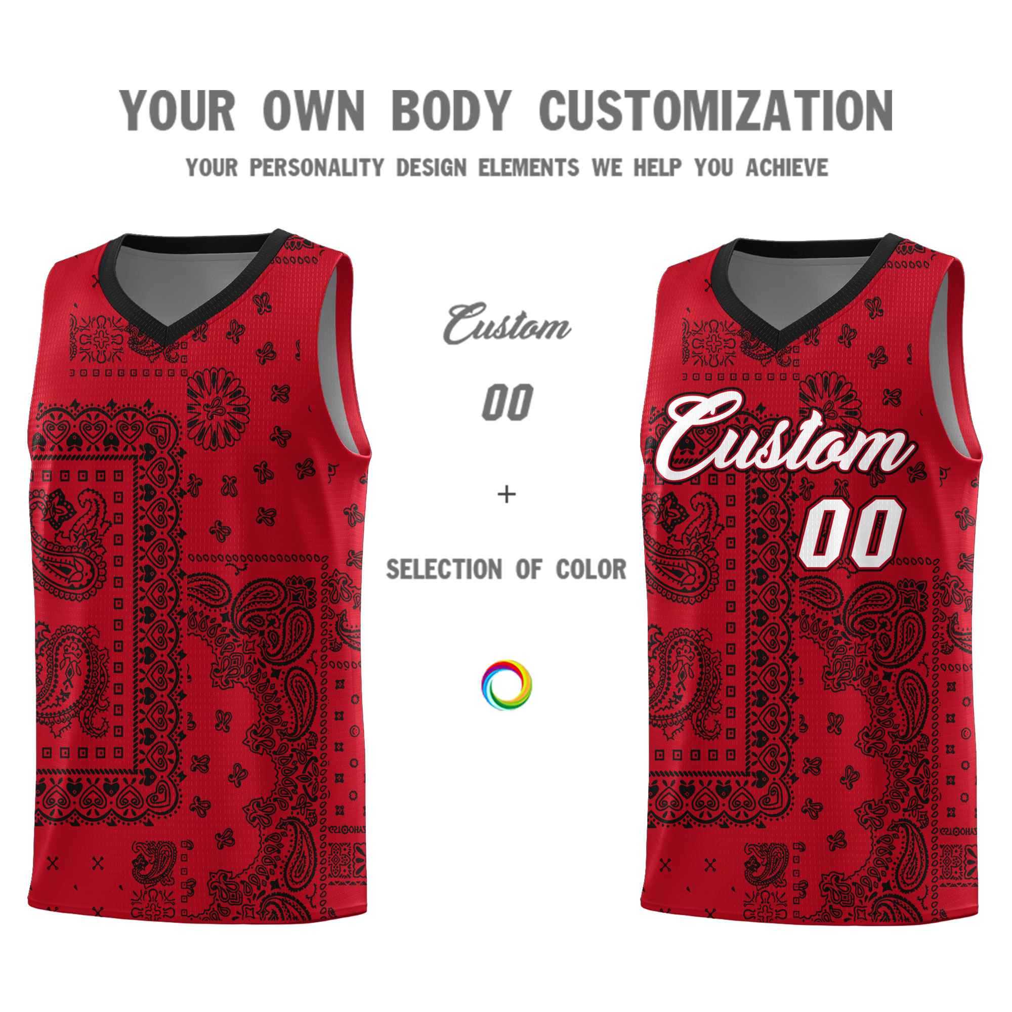 Custom Red Basketball Kits With Black Cashew Flower Print Pattern