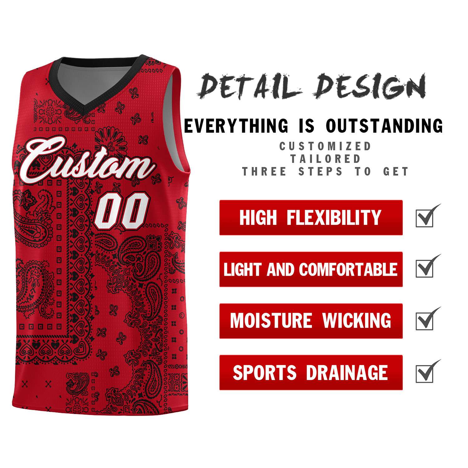 Custom Red Basketball Kits With Black Cashew Flower Print Pattern
