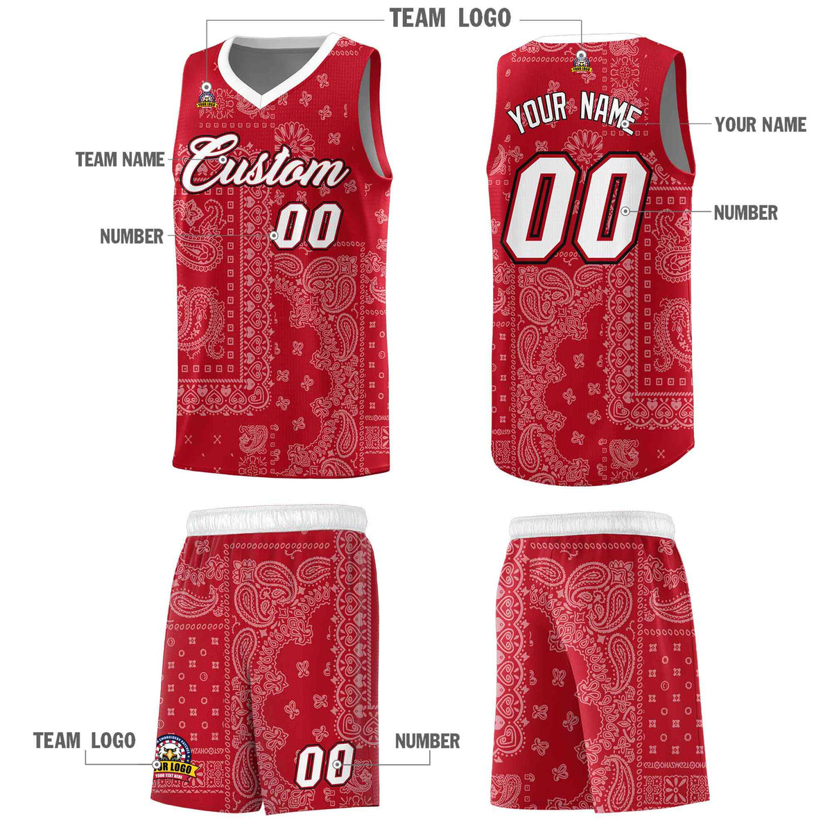 Custom Red Basketball Kits With White Cashew Flower Print Pattern
