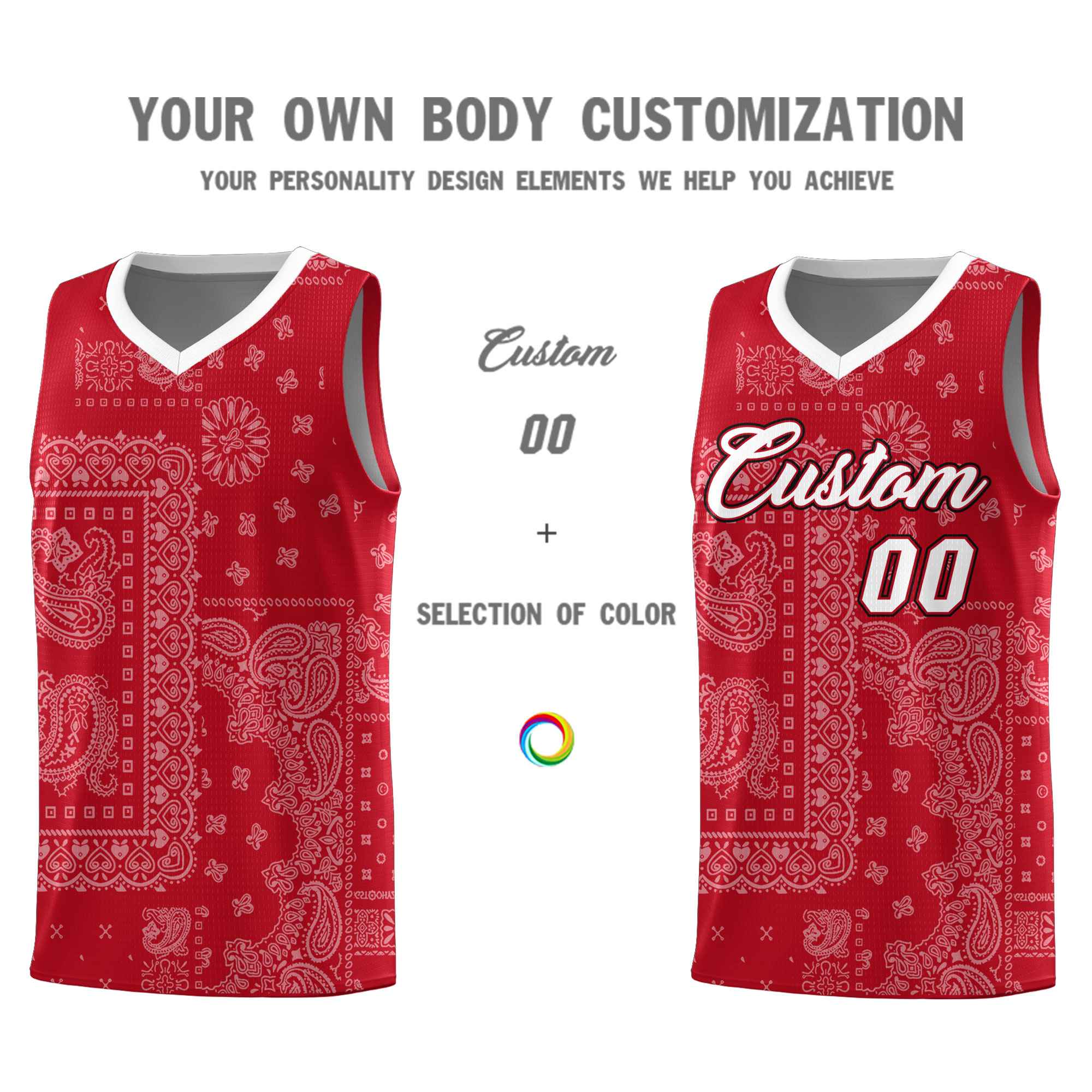Custom Red Basketball Kits With White Cashew Flower Print Pattern