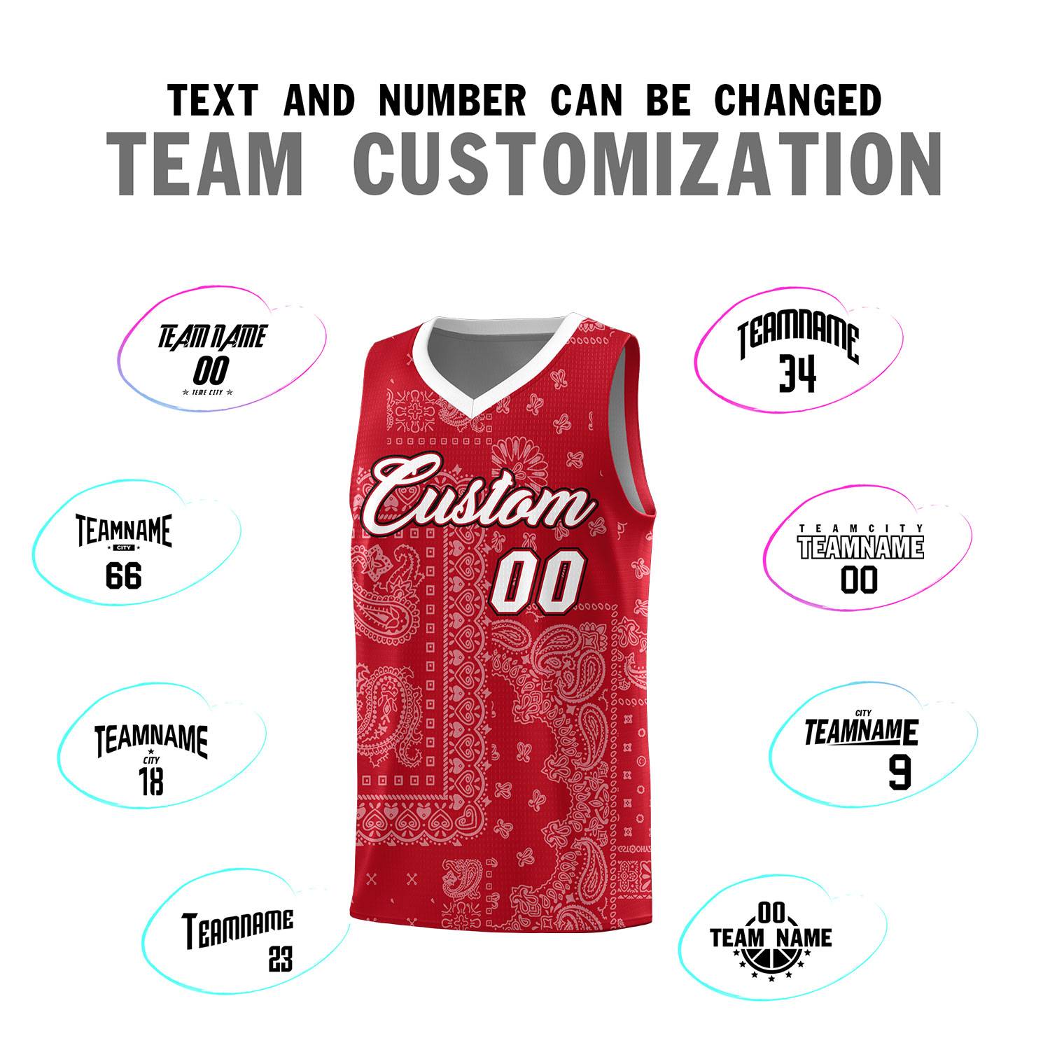 Custom Red Basketball Kits With White Cashew Flower Print Pattern