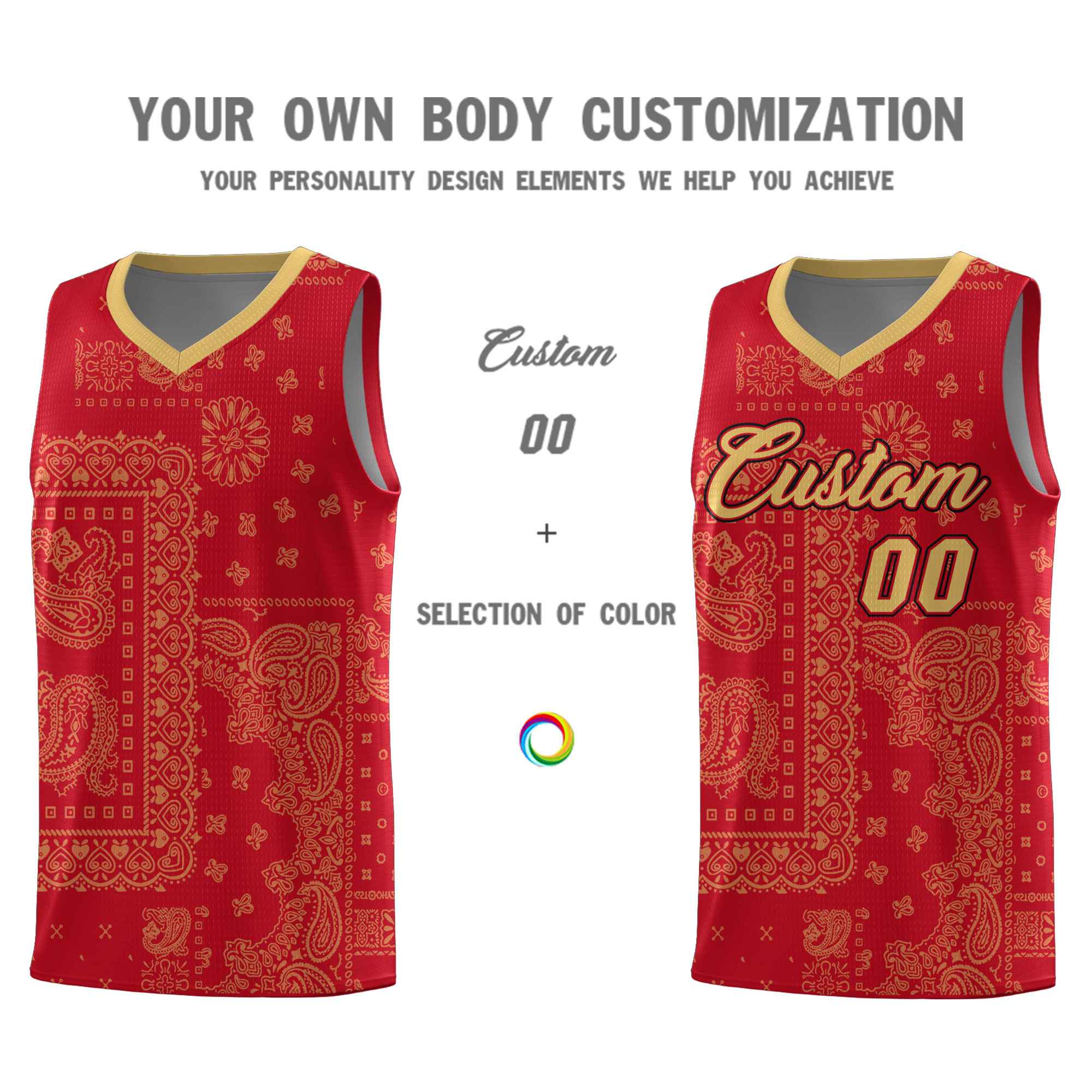 Custom Red Basketball Kits With Old Gold Cashew Flower Print Pattern