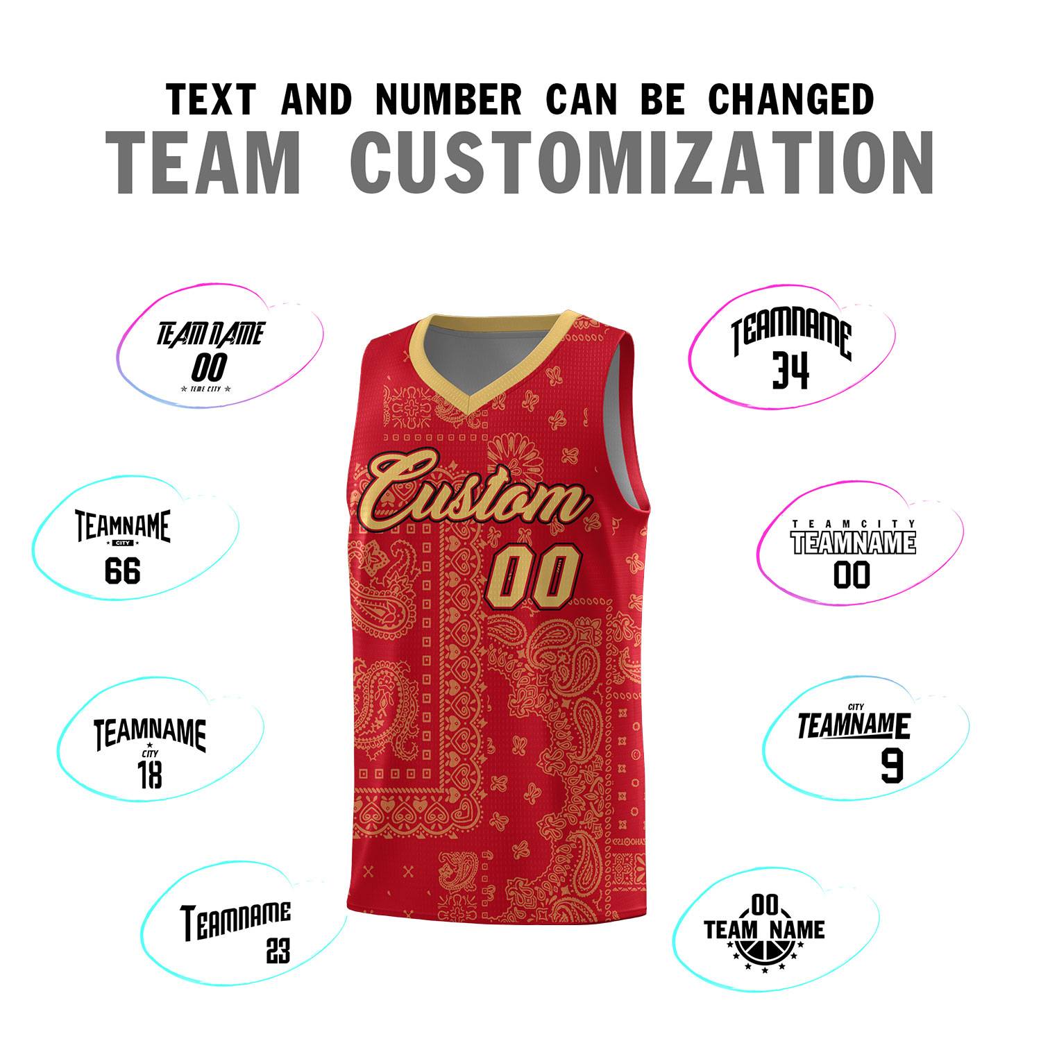 Custom Red Basketball Kits With Old Gold Cashew Flower Print Pattern