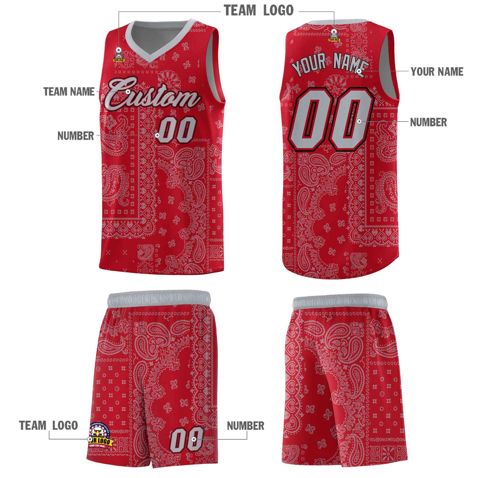 Custom Red Basketball Kits With Silver Gray Cashew Flower Print Pattern