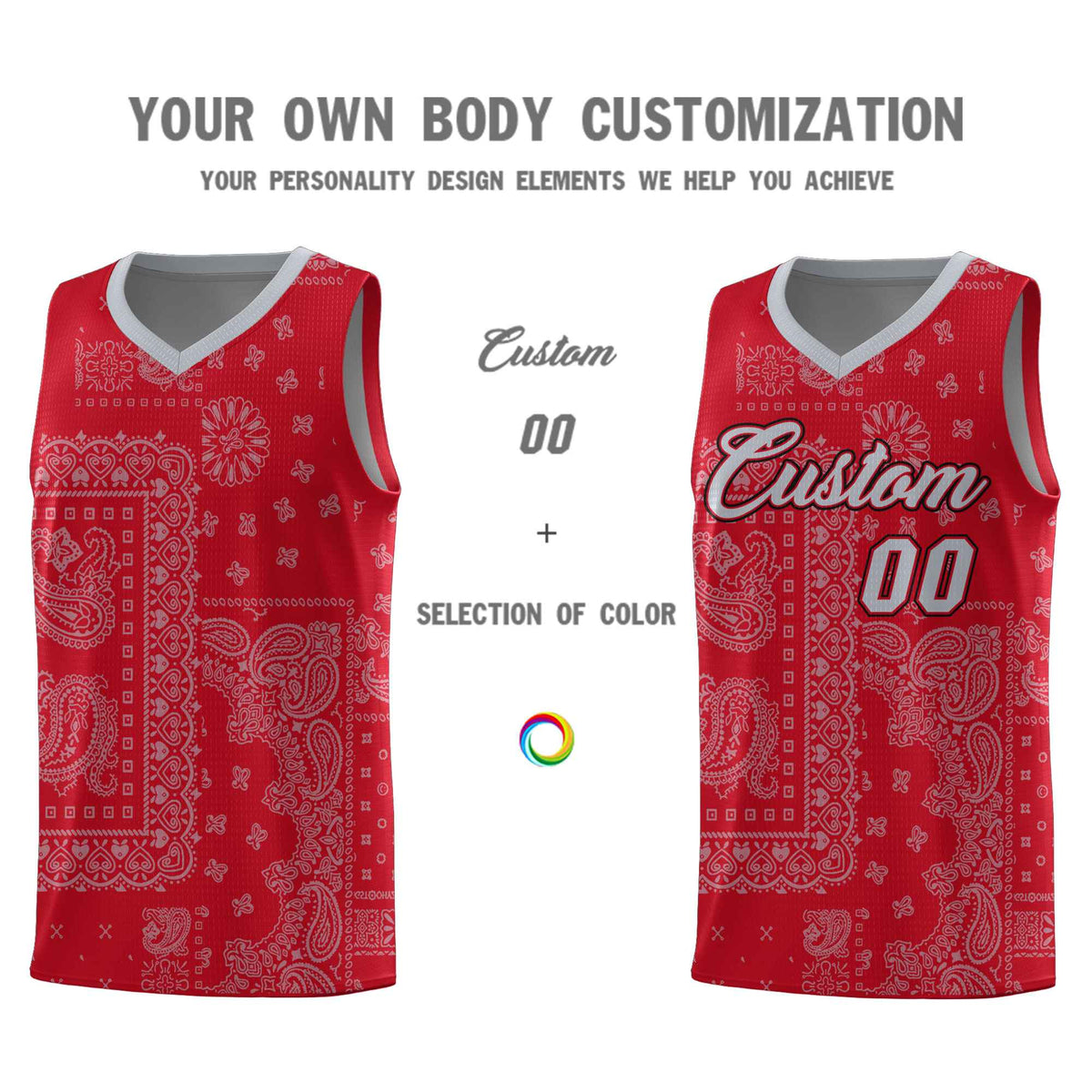 Custom Red Basketball Kits With Silver Gray Cashew Flower Print Pattern