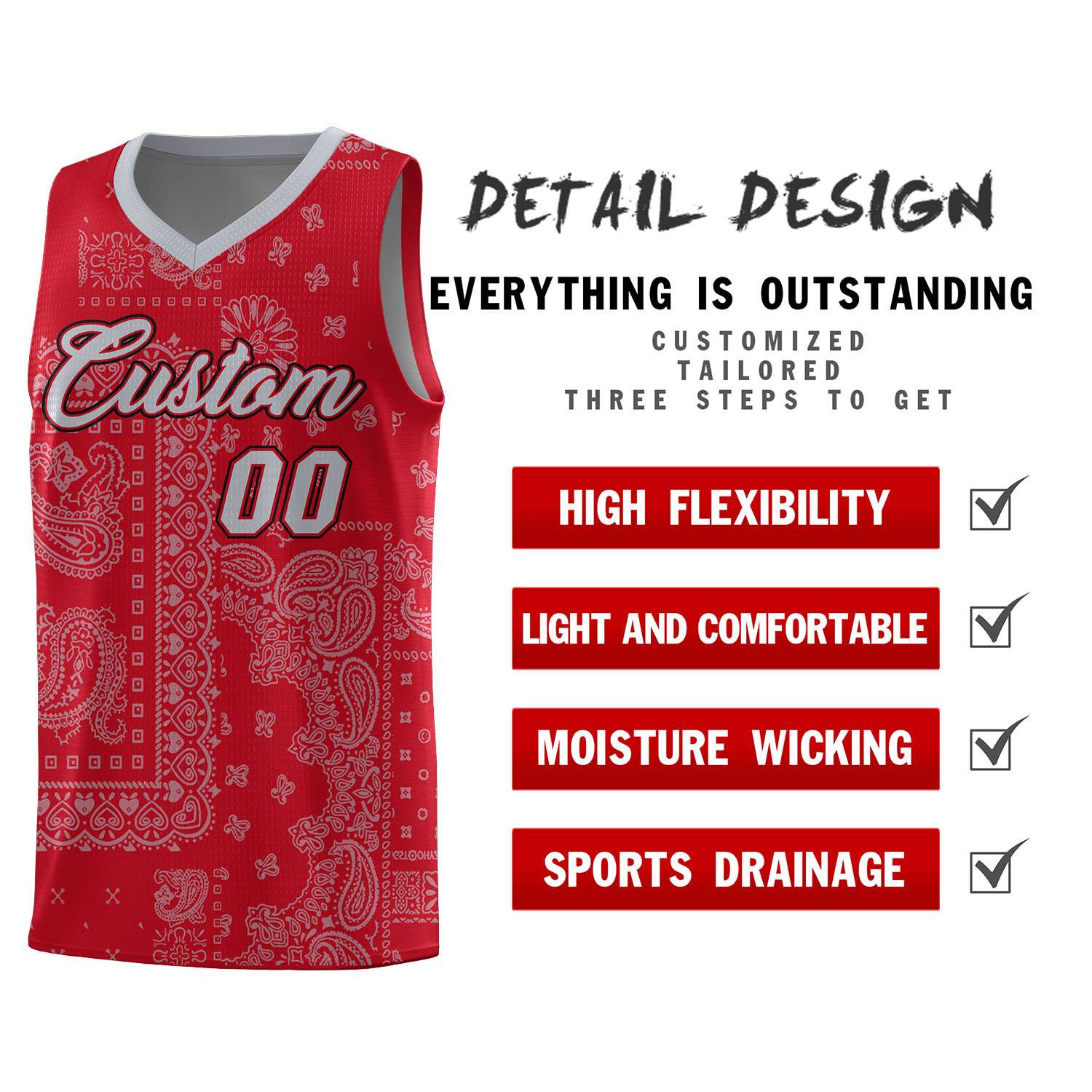 Custom Red Basketball Kits With Silver Gray Cashew Flower Print Pattern